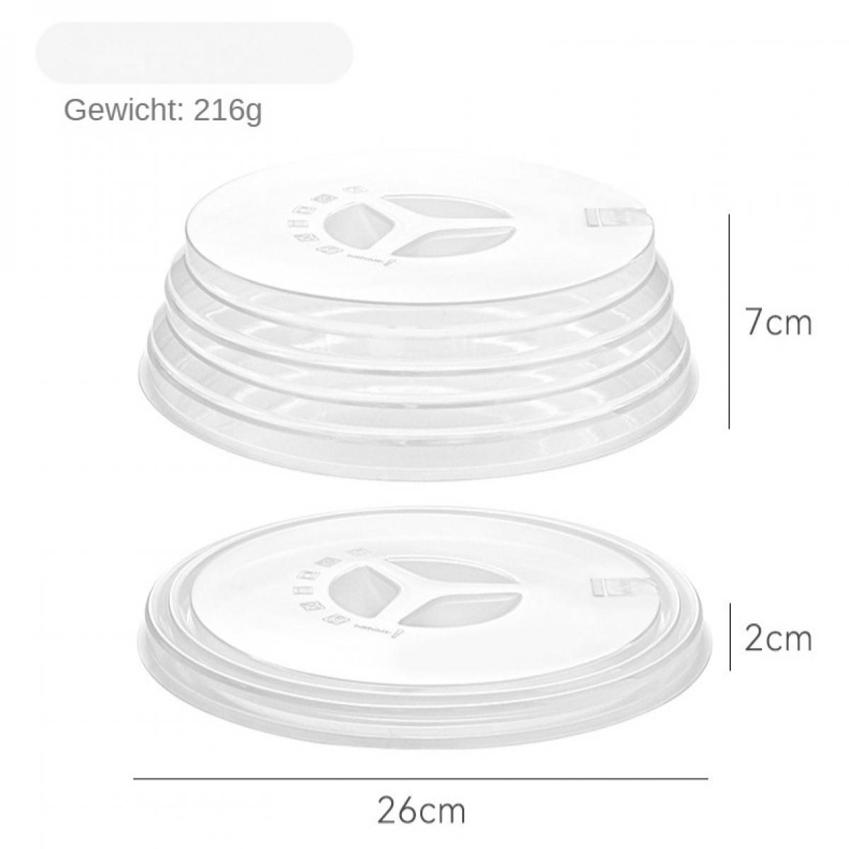 Stapel klarer Plastik-Lebensmittelabdeckungen. Abmessungen: 26 cm Breite, 7 cm und 2 cm Höhe. Gewicht: 216 g.