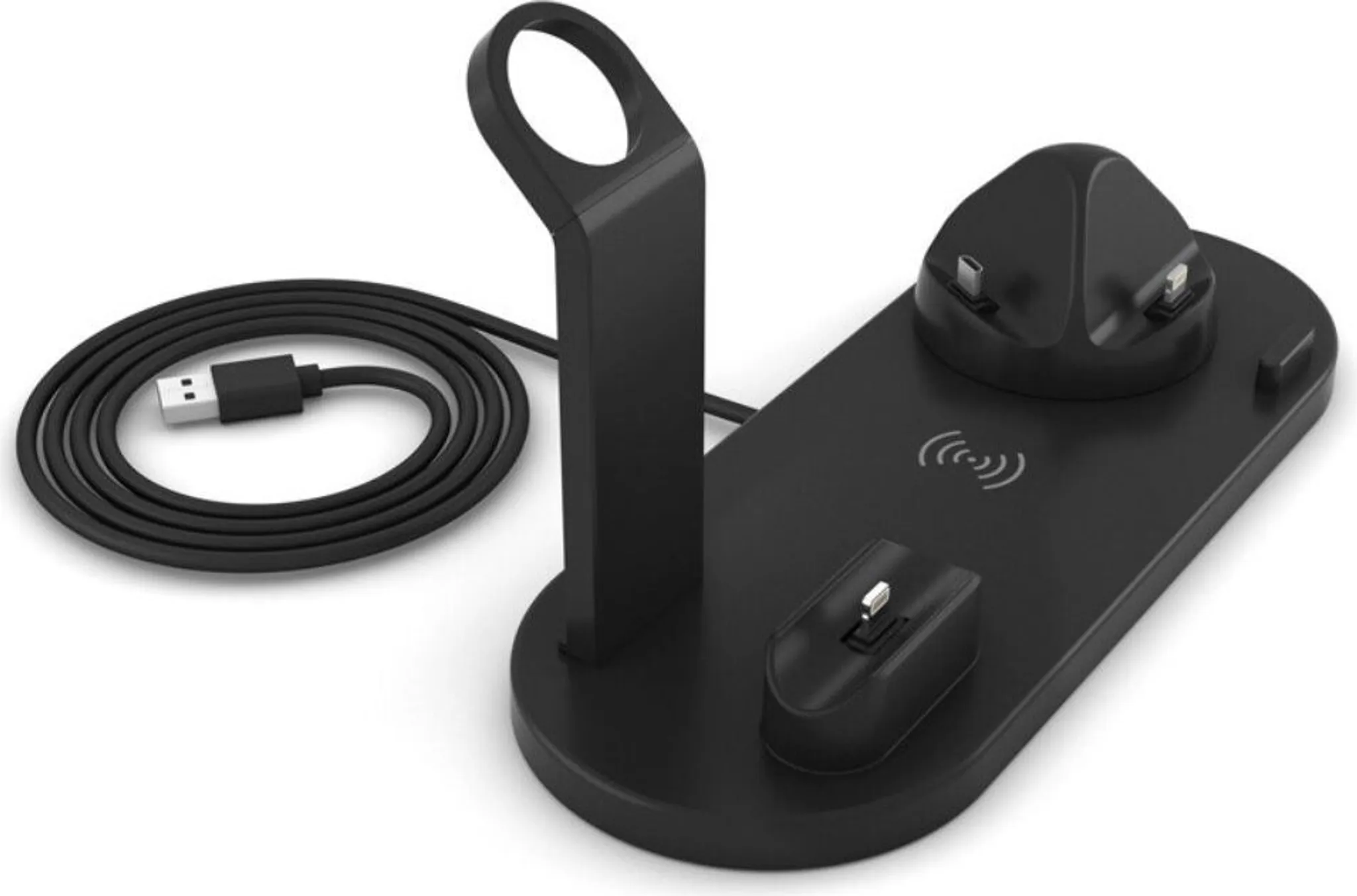 Schwarze Ladestation mit USB-Kabel. Enthält einen Uhrenständer, ein Telefonladegerät und ein kabelloses Ladepad.