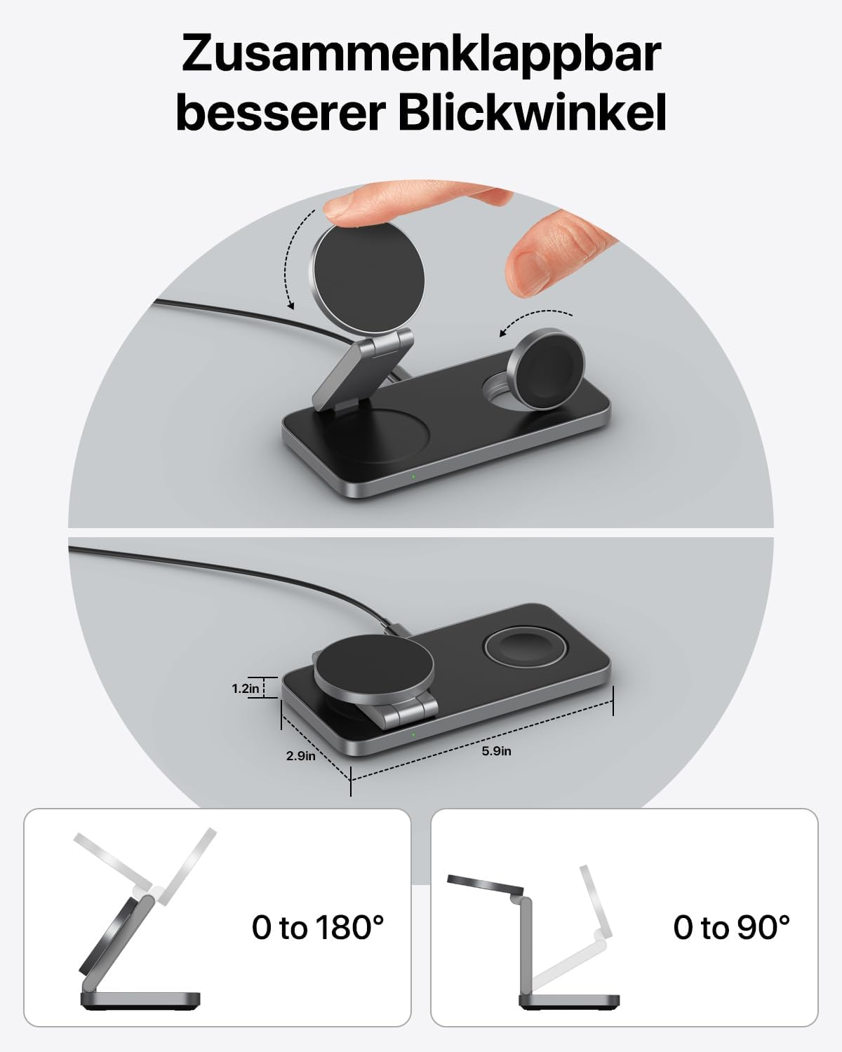 Składana ładowarka bezprzewodowa z dwoma podkładkami ładującymi i regulowanym kątem. Pokazuje regulację 0-180 i 0-90 stopni.
