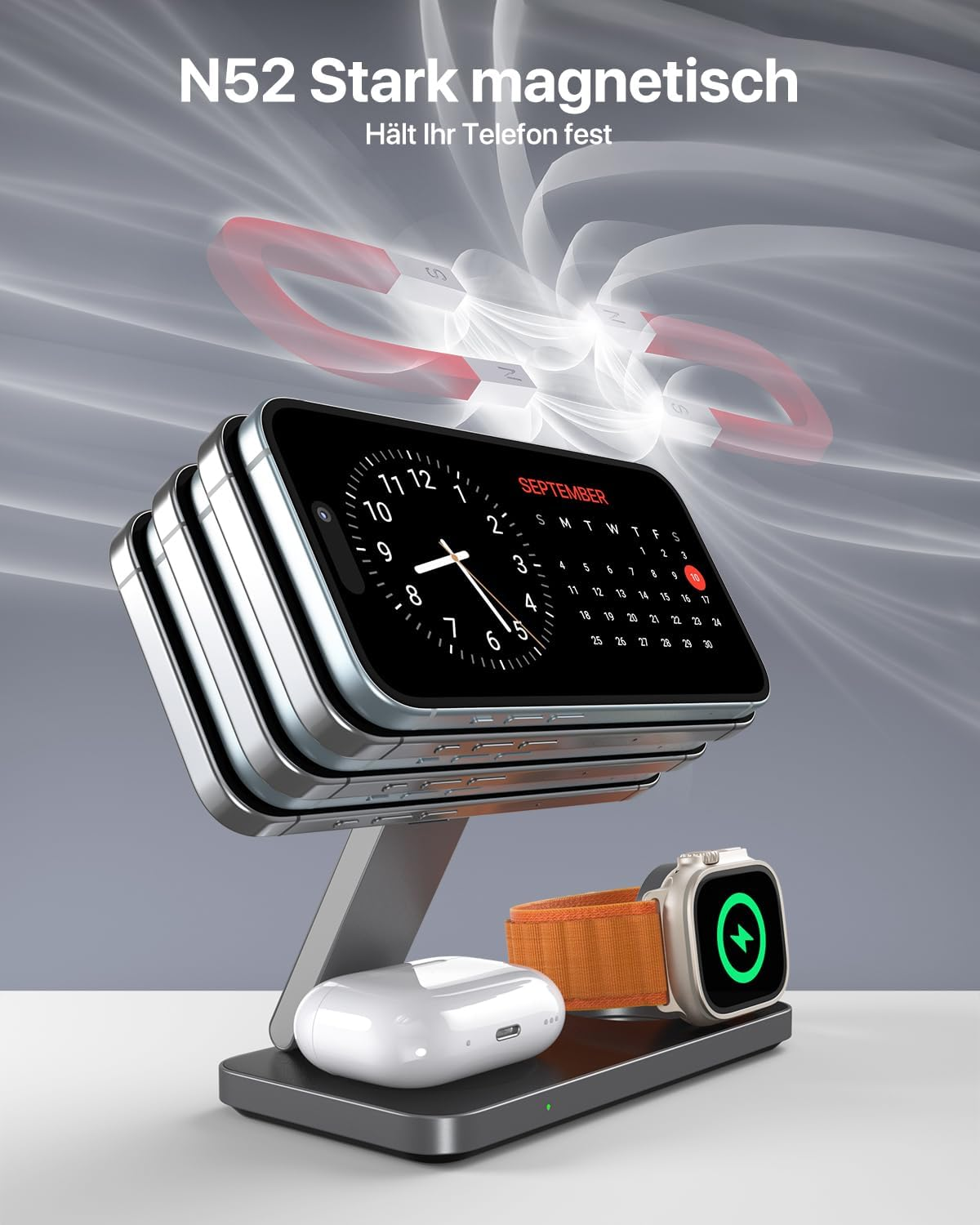 Stacja ładująca telefon i zegarek. Telefon wyświetla kalendarz. Etui na słuchawki i zegarek znajdują się na podstawie.