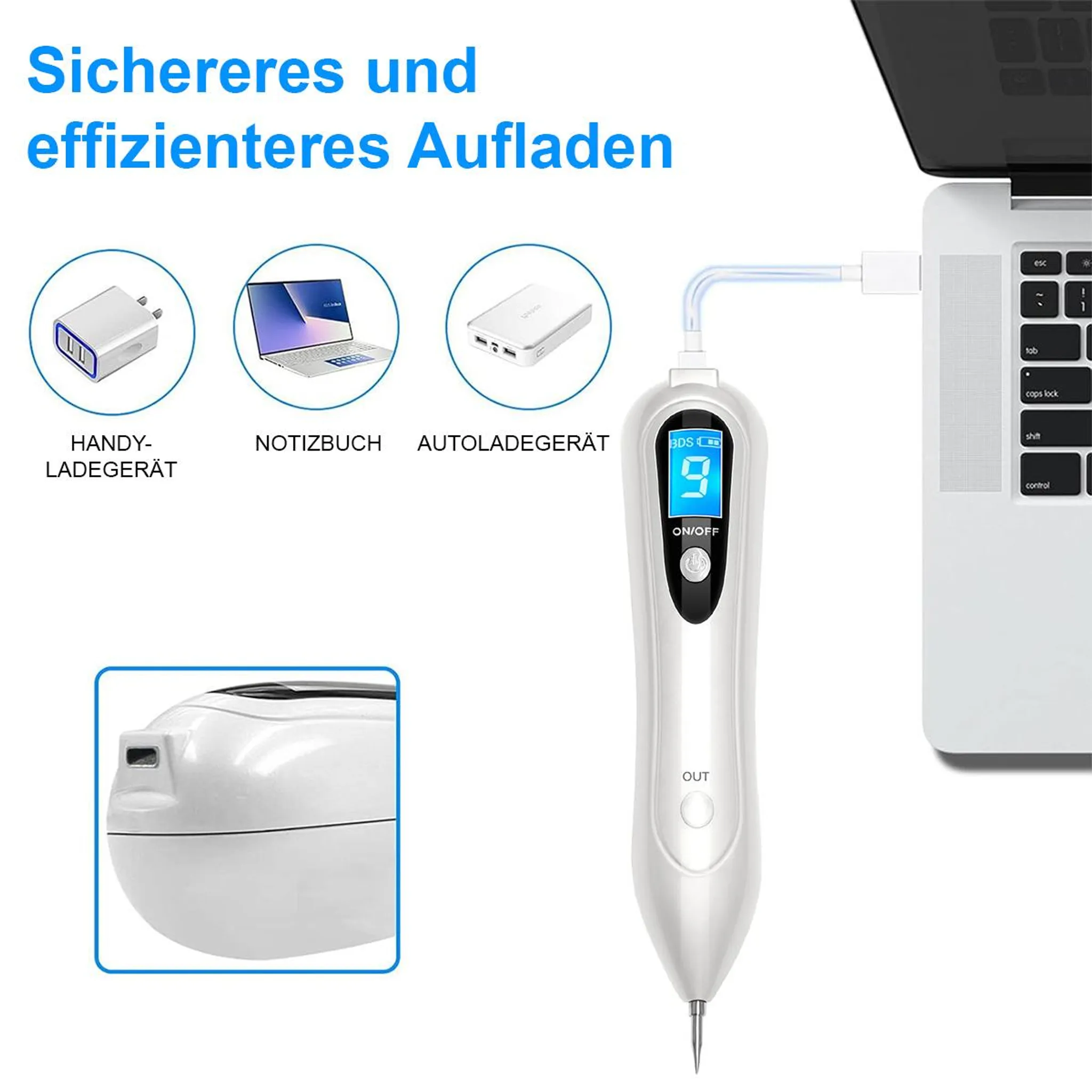 Ein weißes Gerät, das über ein Kabel mit einem Laptop verbunden ist. Andere Geräte wie ein Ladegerät und ein Laptop sind ebenfalls abgebildet.