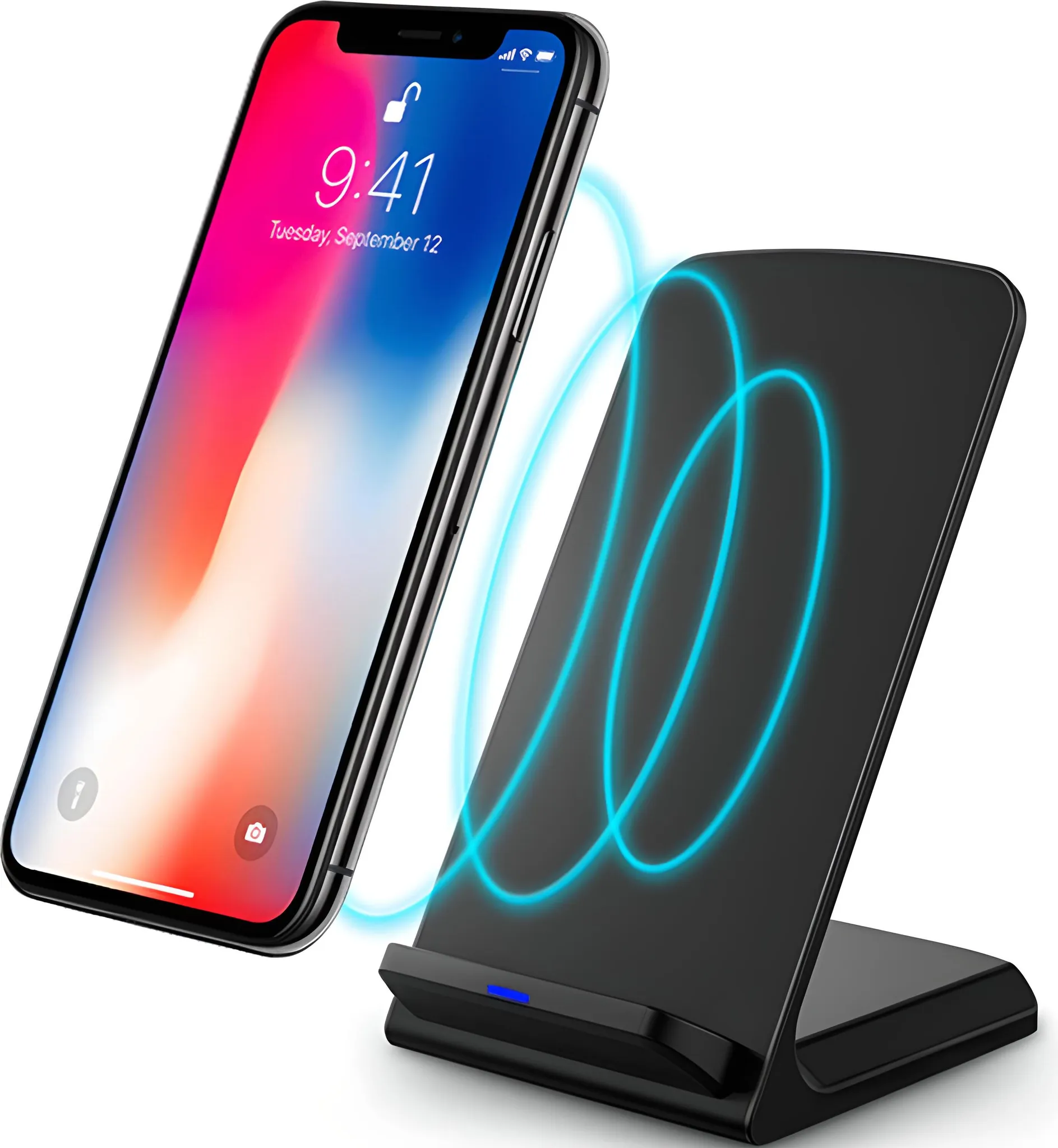 Schwarzes Smartphone auf einem schwarzen kabellosen Ladegerät. Auf dem Bildschirm des Telefons steht 9:41, Dienstag, 12. September.