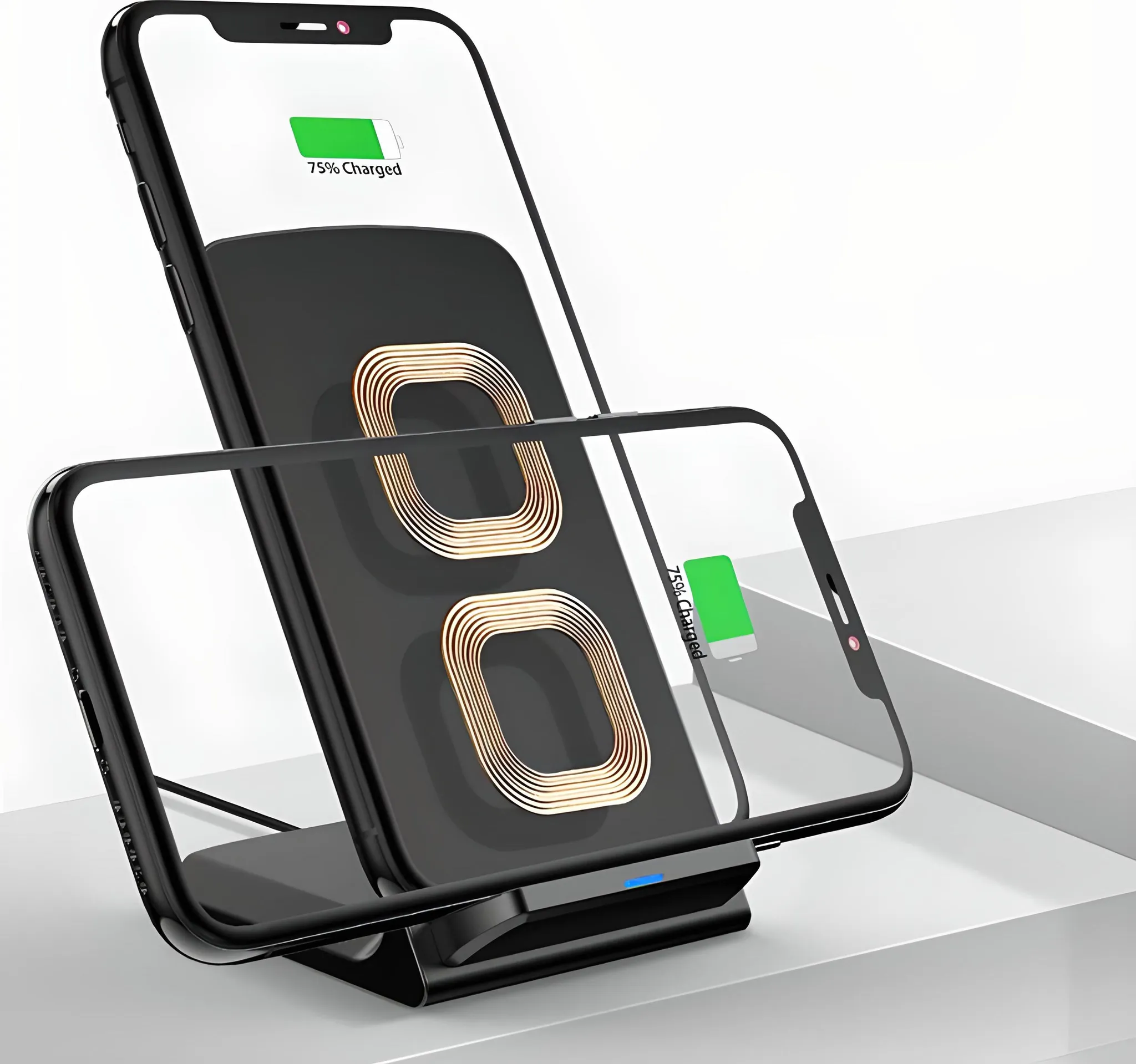 Schwarzes kabelloses Ladegerät mit zwei Telefonen. Eines zeigt 75% geladen an. Das andere hat eine transparente Hülle.