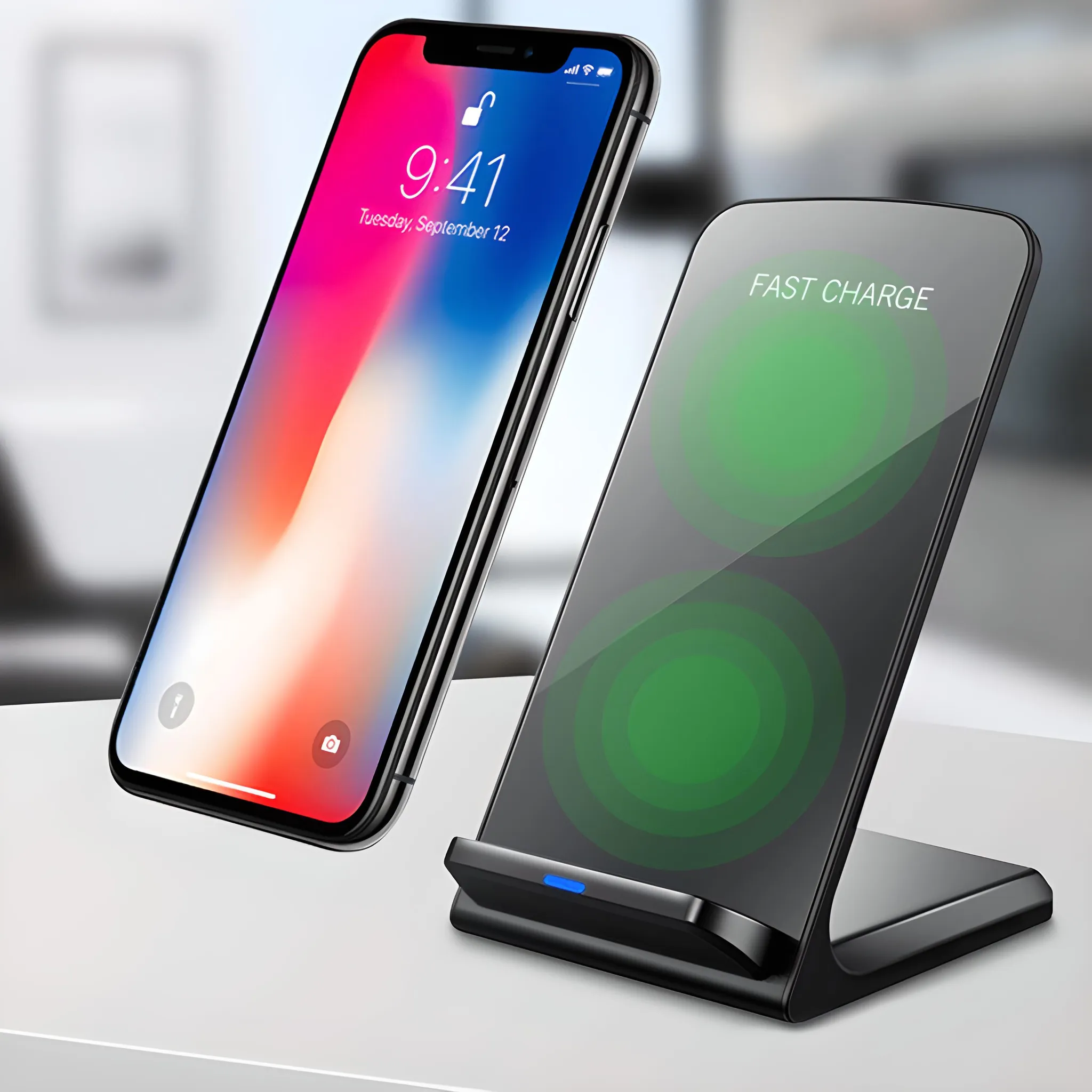Ein Smartphone mit 9:41 Uhr am Dienstag, 12. September, liegt neben einem kabellosen Ladegerät mit grüner Ladeanzeige.