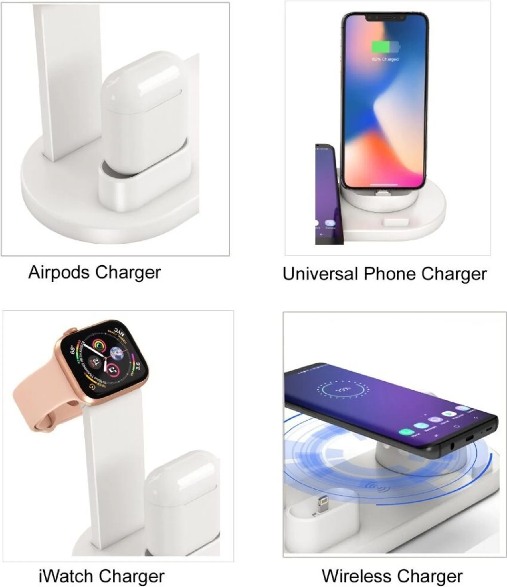 Das Bild zeigt vier Ladestationen: Airpods, Universal Phone, iWatch und Wireless Charger. Alle Ladegeräte sind weiß.