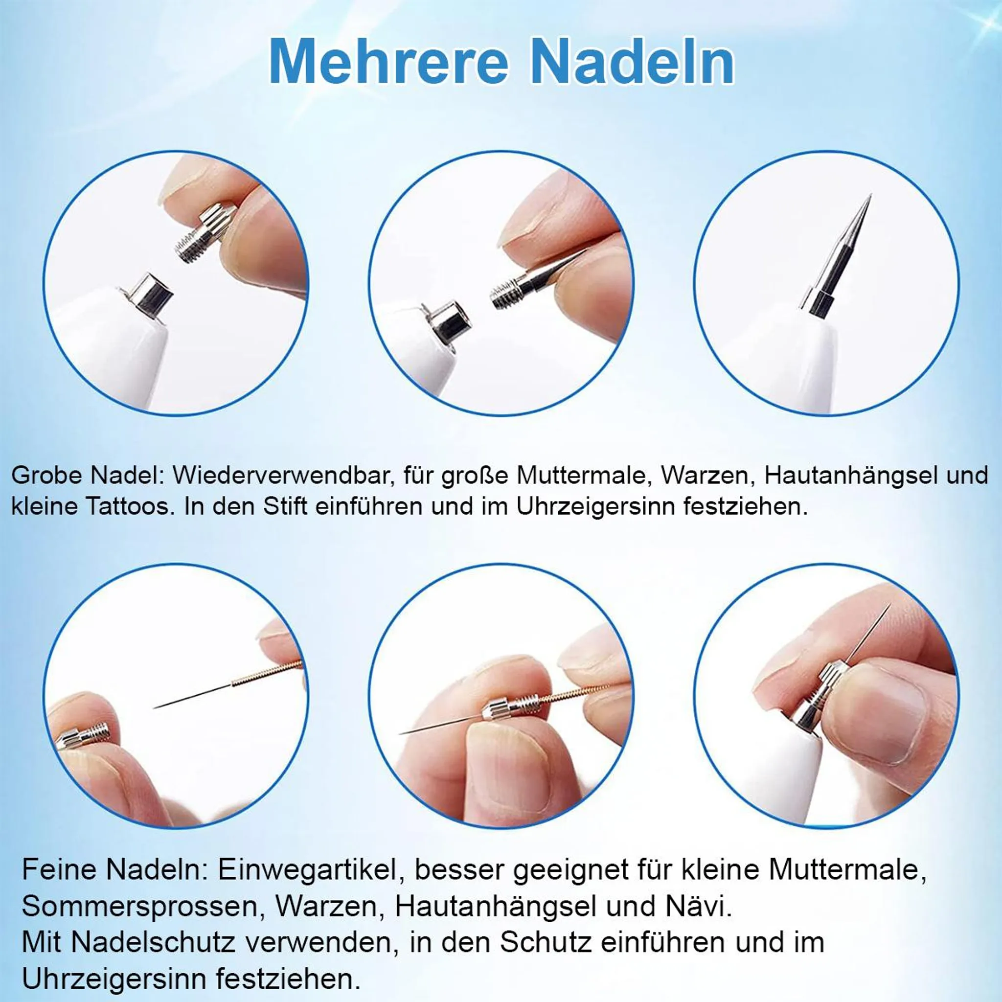 Das Bild zeigt mehrere Nadeln mit Anweisungen auf Deutsch. Nadeln sind für Hautbehandlungen, von Händen gehalten.