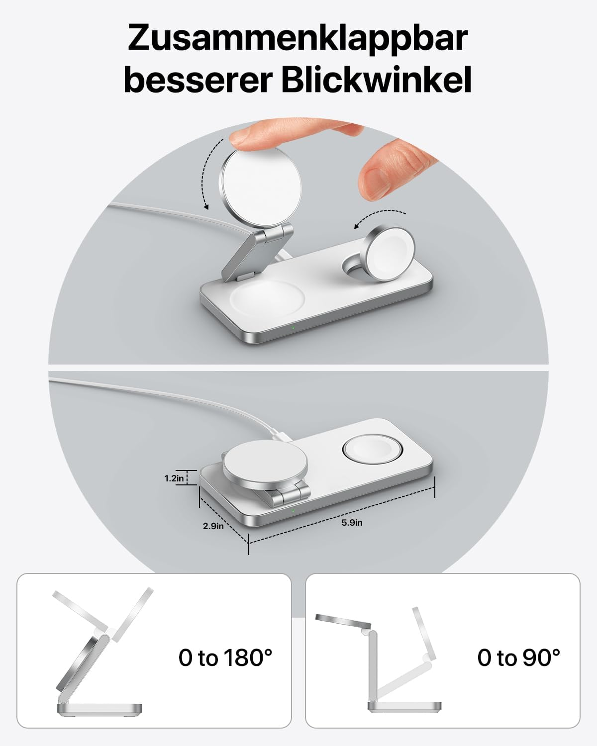 Ein weißes und silbernes faltbares Ladegerät für Apple Watch und Telefon. Abmessungen sind angegeben. Zeigt Winkel von 0 bis 180 und 0 bis 90 Grad.