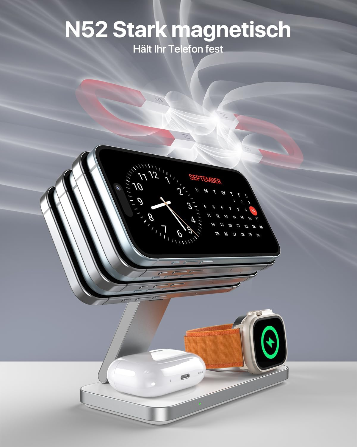 Eine Handy- und Uhrenladestation. Ein Telefon zeigt einen Kalender, eine Uhr mit Ladesymbol. Weiße Ohrhörer sind ebenfalls vorhanden.