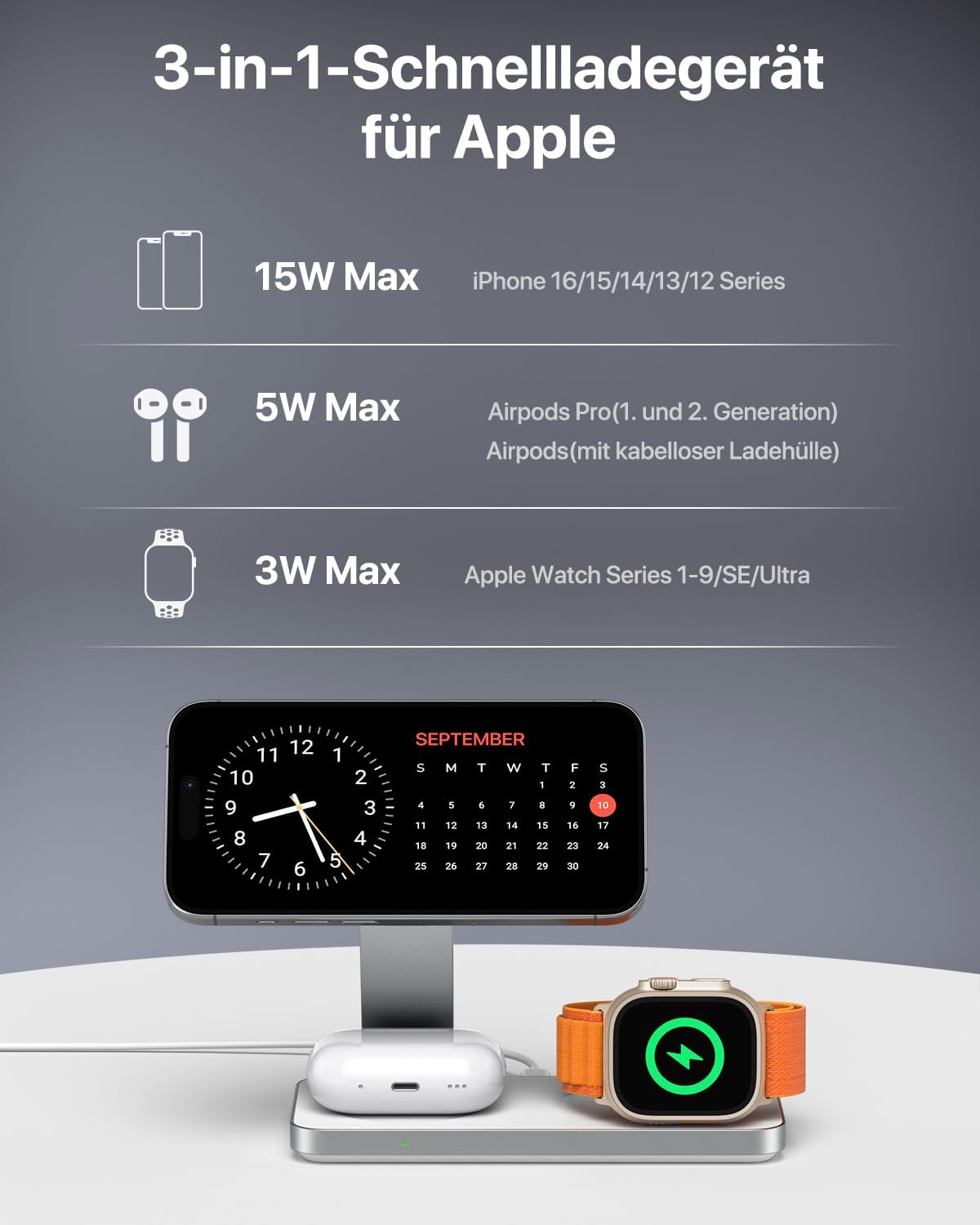 Eine 3-in-1-Ladestation mit Apple Watch, AirPods und iPhone. Enthält eine Uhr- und Kalenderanzeige für September.