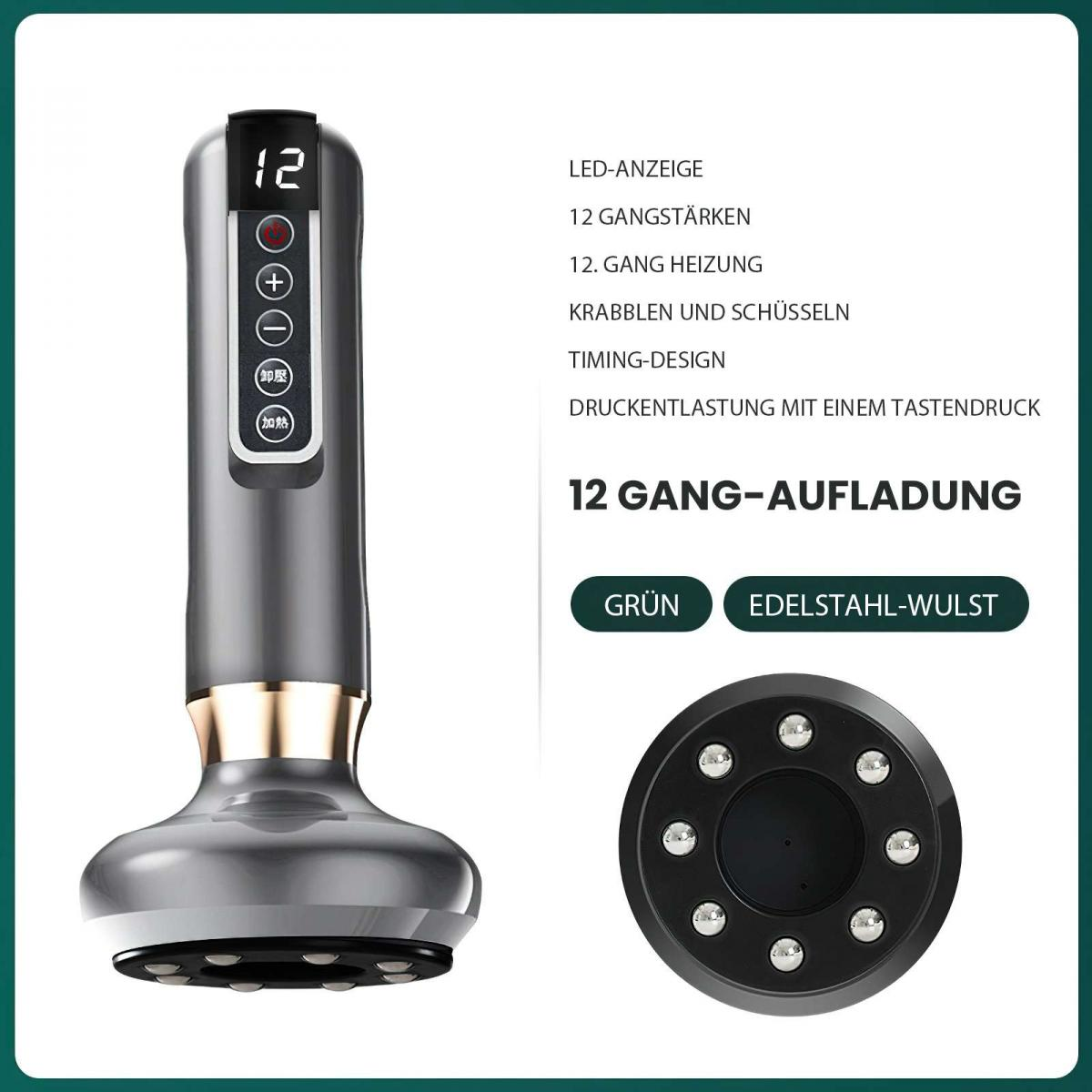 Graues Massagegerät mit Digitalanzeige '12', Knöpfen und Text auf Chinesisch und Deutsch, sowie Produktmerkmale.