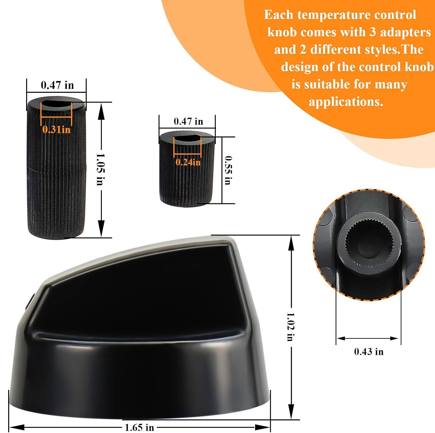 Das Bild zeigt drei Temperaturregler mit Messungen. Text besagt, dass die Knöpfe 3 Adapter haben und für viele Anwendungen geeignet sind.