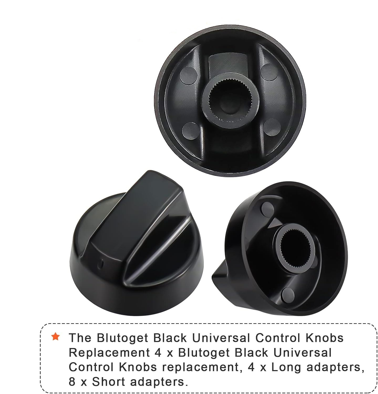 Drei schwarze Bedienknöpfe. Ein Knopf hat einen Griff, zwei sind kreisförmig. Text beschreibt Produkt als Ersatzteile.