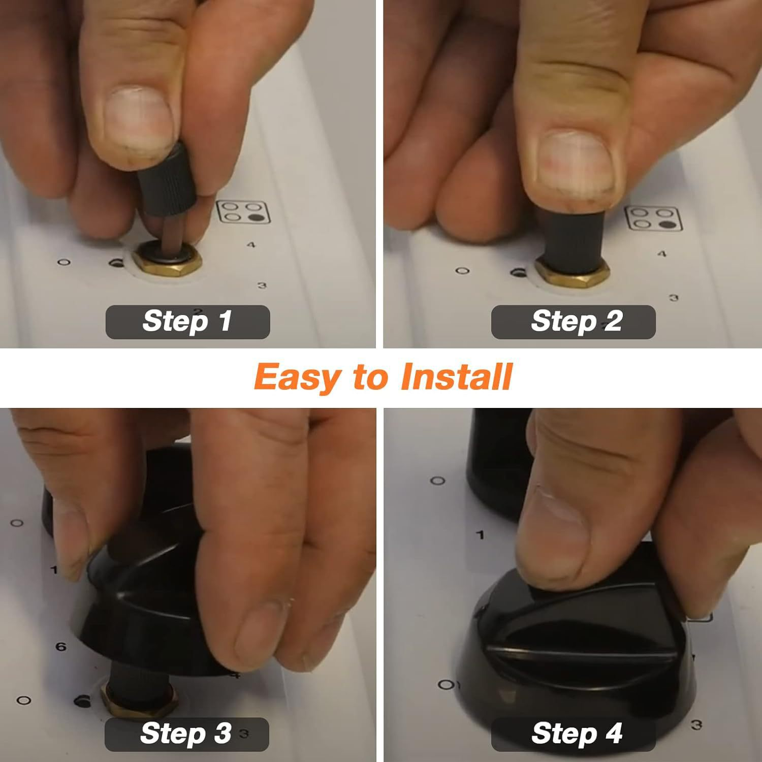 Schritte 1-4 zeigen die Installation eines Herdknopfs. Eine Hand setzt einen schwarzen Knopf in eine goldene Fassung ein.