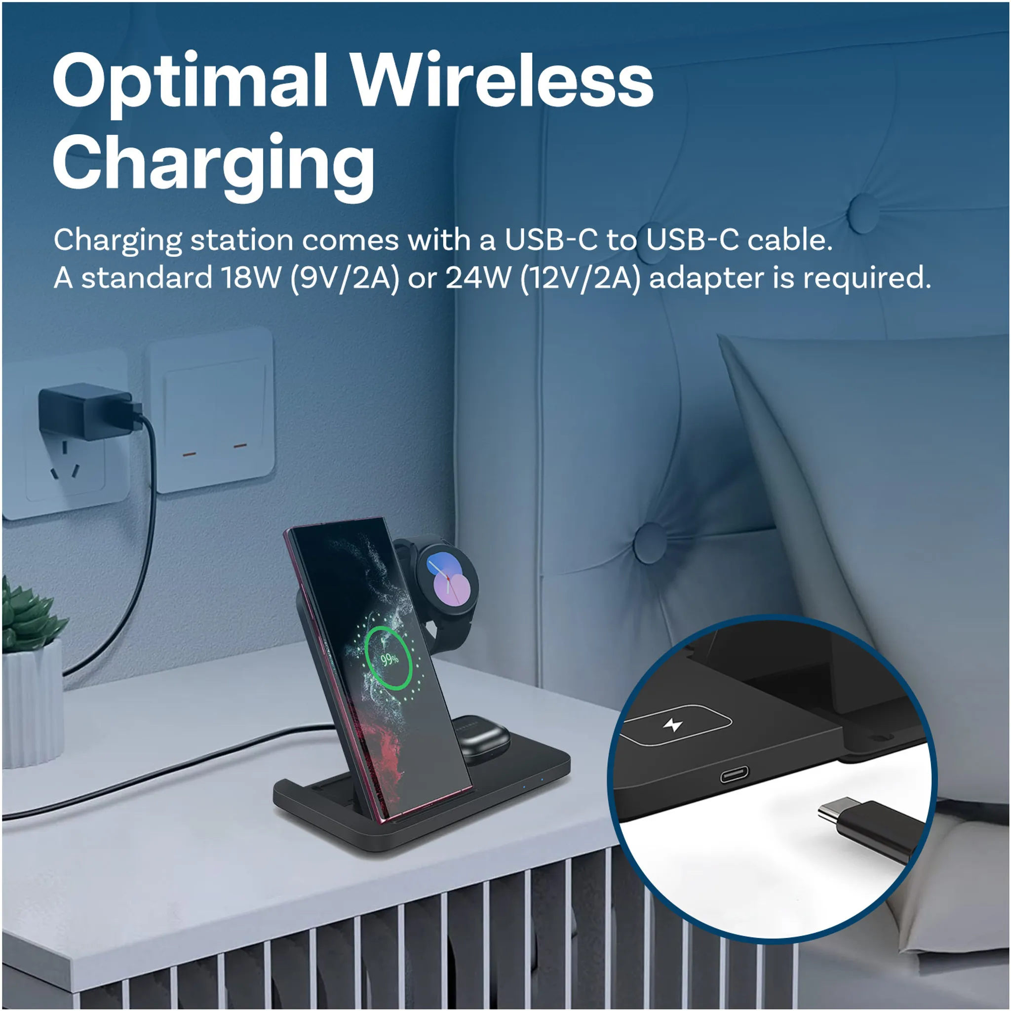 Ein Telefon und eine Uhr werden auf einer kabellosen Ladestation auf einem Nachttisch aufgeladen. Ein USB-C-Kabel ist sichtbar.