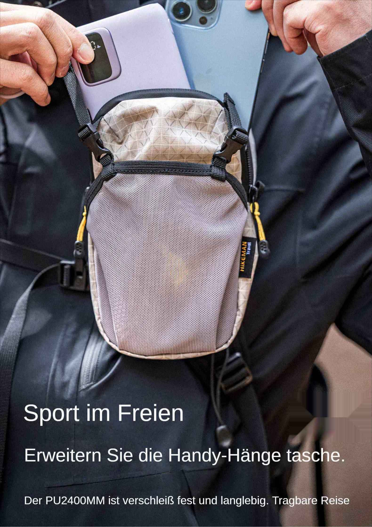 Person hält zwei Telefone in einer kleinen beigen Tasche. Die Tasche hat einen schwarzen Riemen. Text: Sport im Freien, Erweitern Sie die Handy-Hänge tasche.