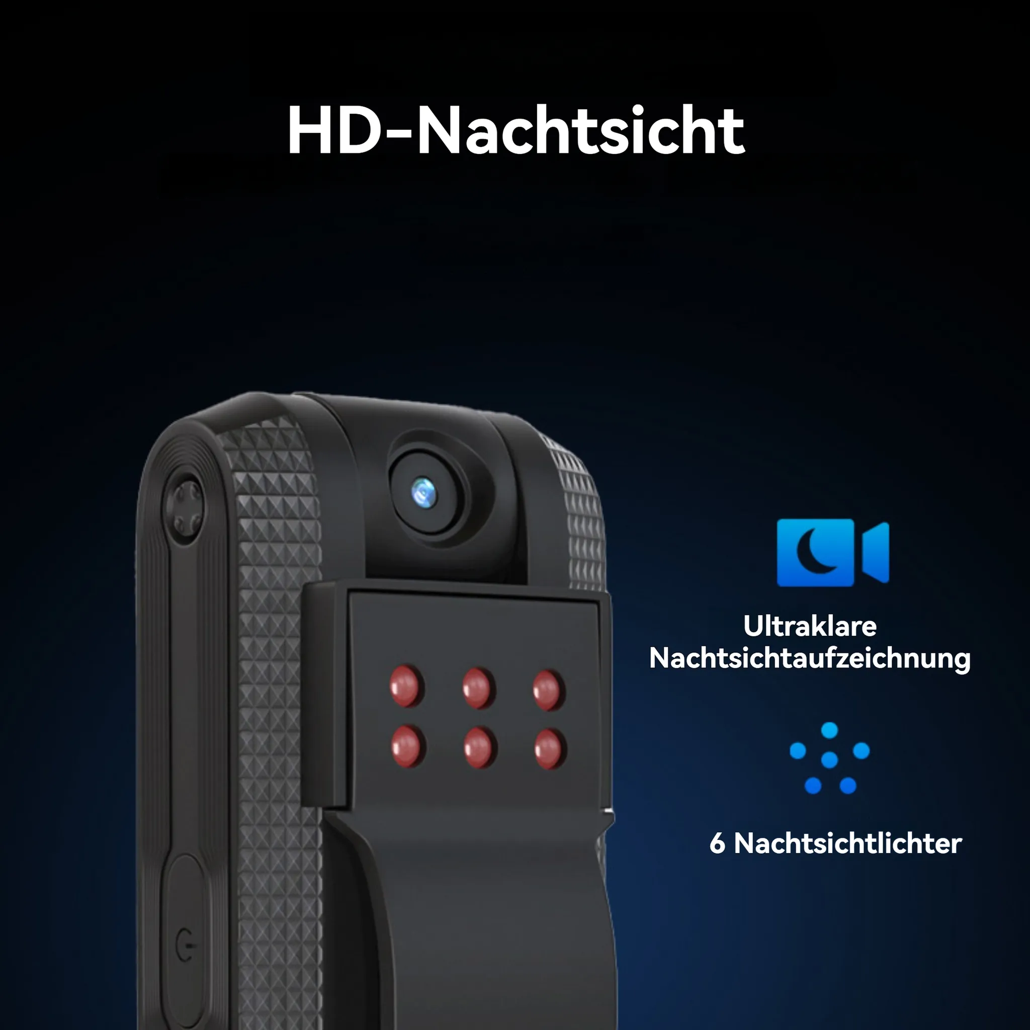 Schwarze Kamera mit roten Lichtern, blauem Objektiv und Nachtsichttext. Dunkelblauer Hintergrund mit Info-Symbolen.
