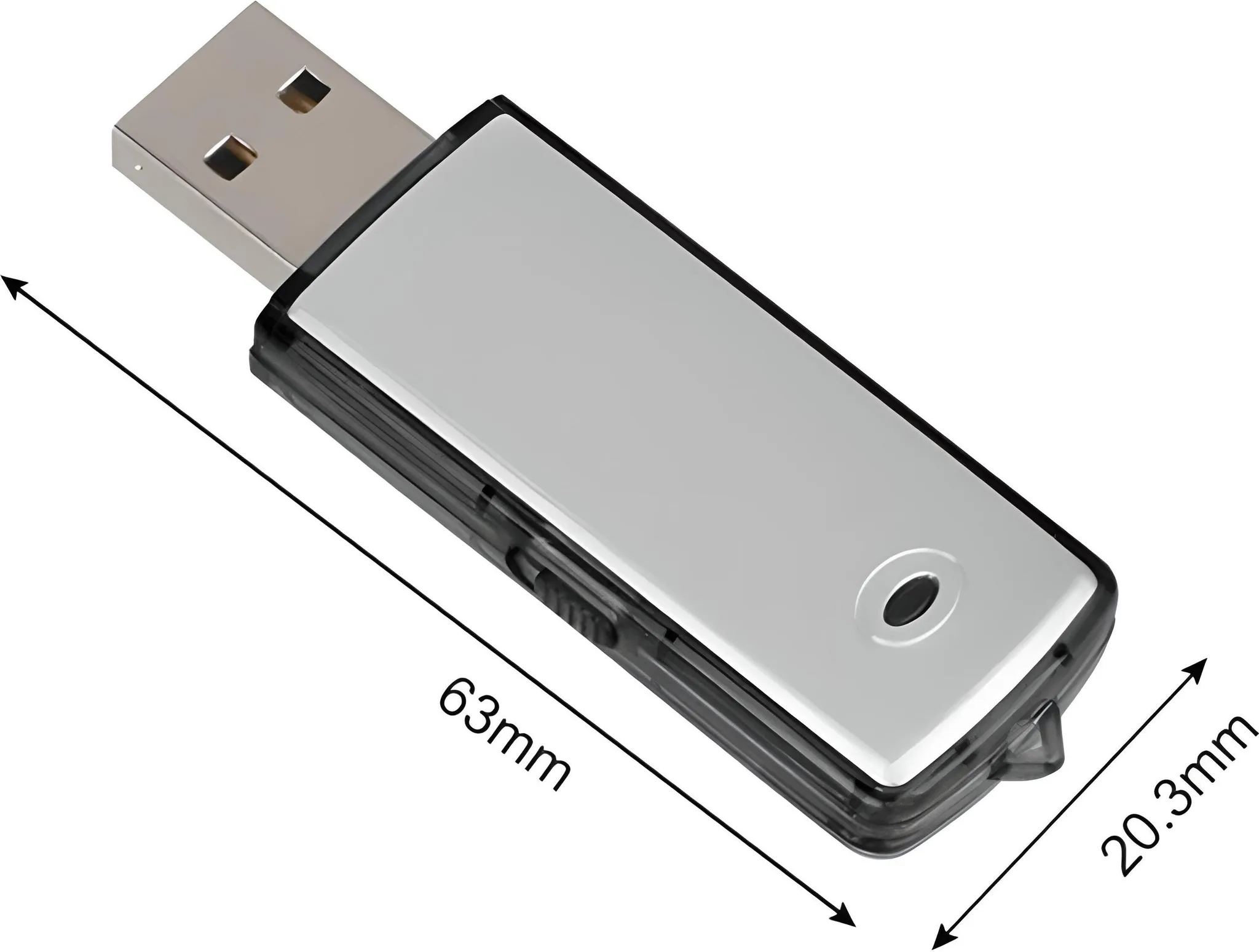 Ein USB-Stick mit silbernem Gehäuse und schwarzem Rahmen. Abmessungen sind mit 63 mm x 20,3 mm angegeben.