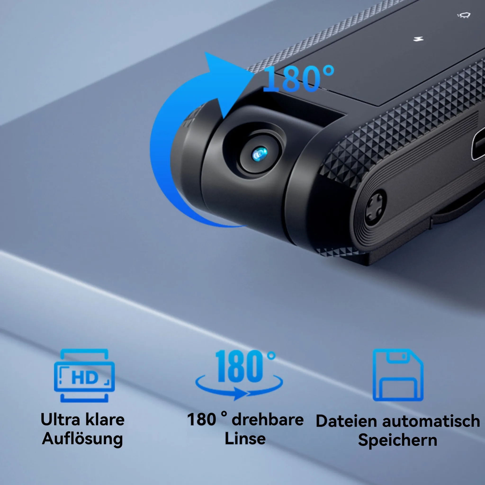 Eine schwarze Kamera mit 180° drehbarem Objektiv, HD und Symbolen für die automatische Dateispeicherung.