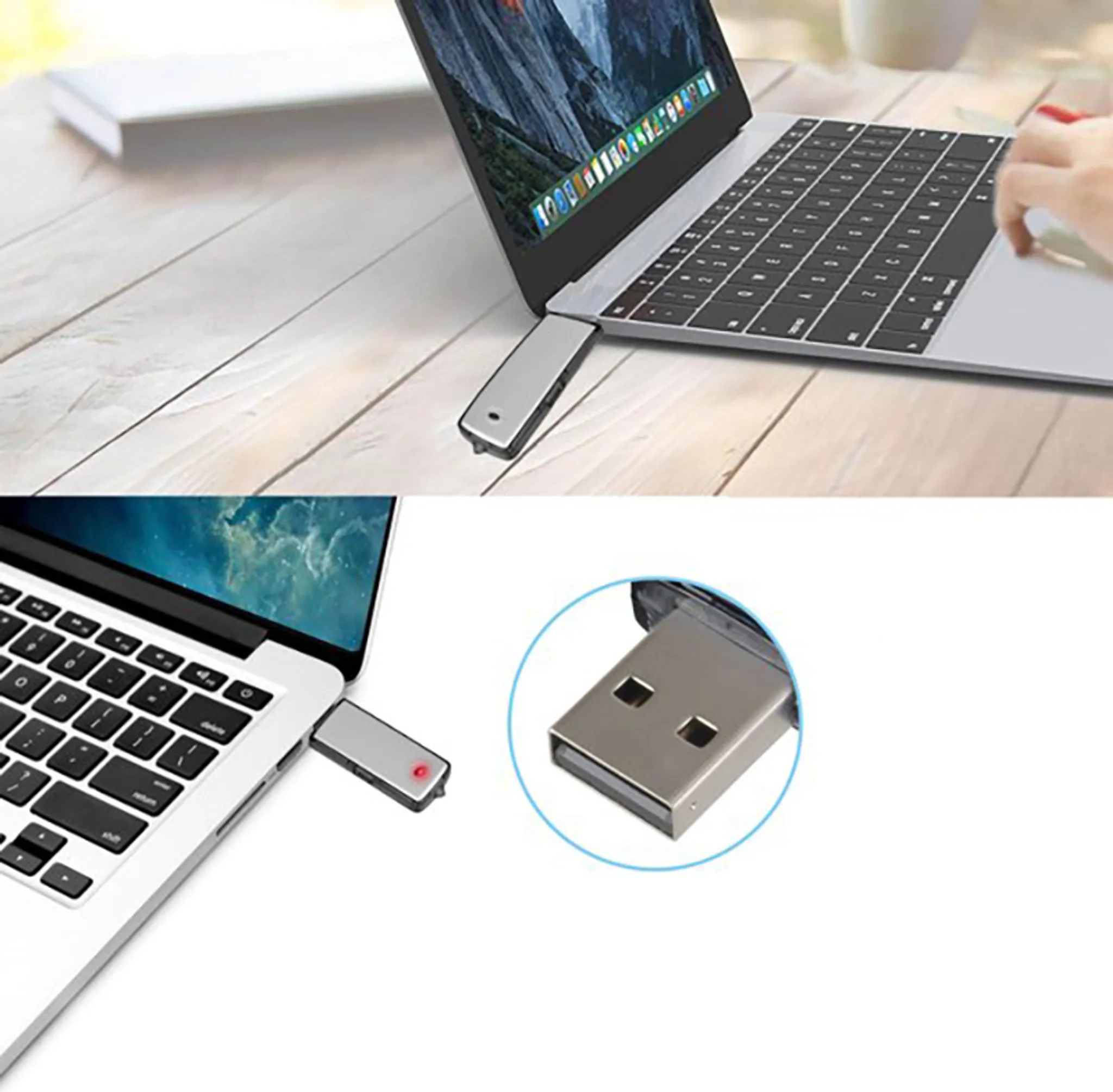 Laptop mit eingestecktem USB-Laufwerk. Eine Hand berührt das Trackpad. Nahaufnahme des USB-Laufwerks wird ebenfalls gezeigt.