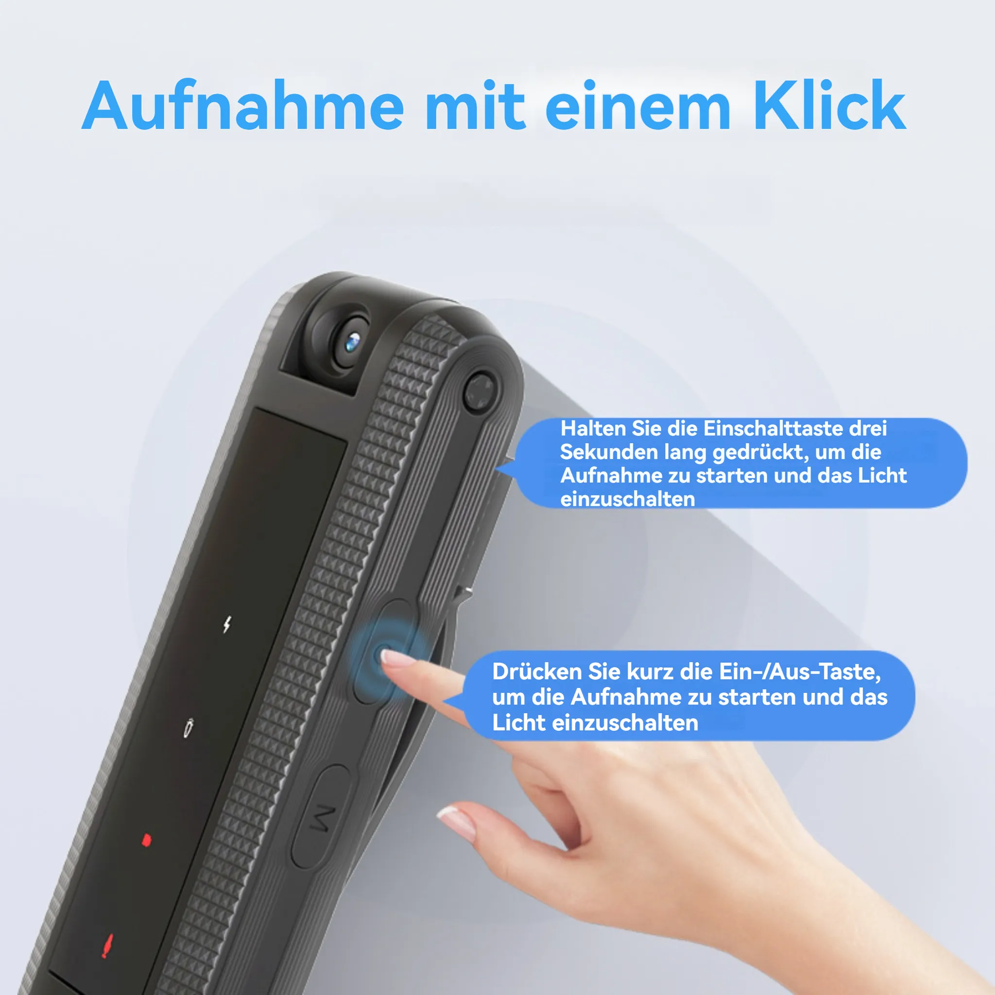 Eine Hand drückt eine Taste auf einem schwarzen Gerät. Textanweisungen sind auf Deutsch.