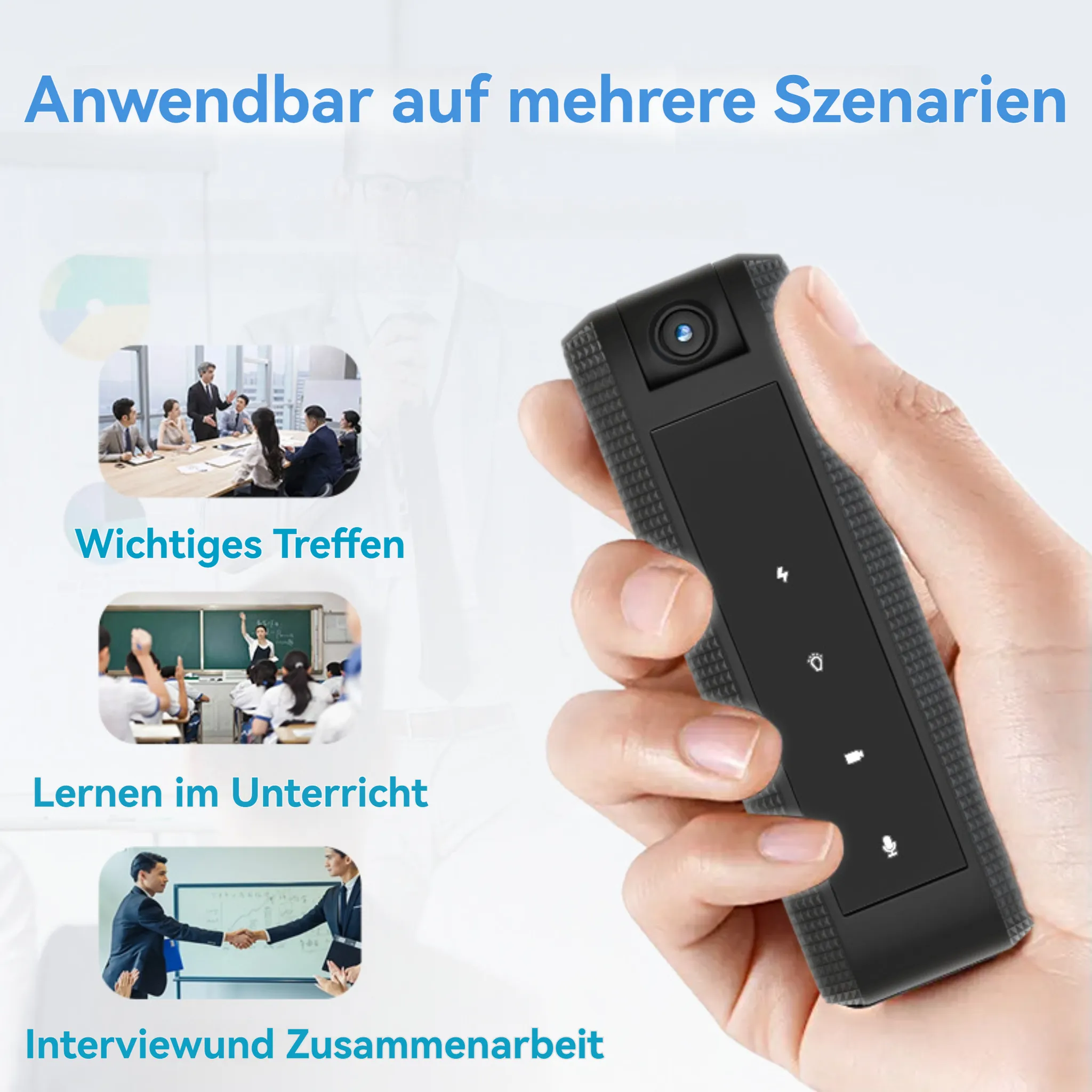 Eine Hand hält ein schwarzes Gerät. Szenen von Meetings, Klassenzimmern und Händeschütteln veranschaulichen seine Verwendung.