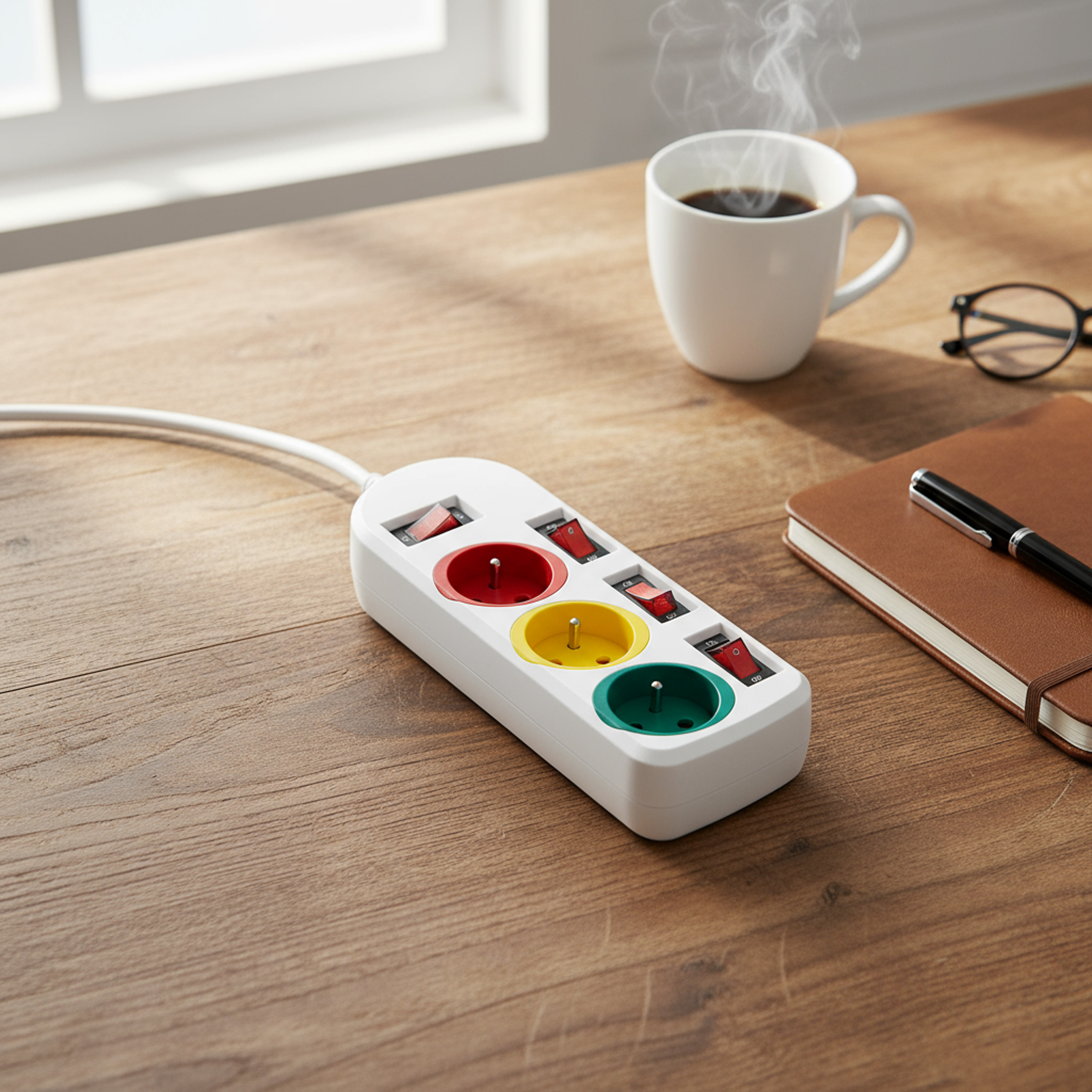 Biały przedłużacz z kolorowymi gniazdami leży na drewnianym biurku. Obecny jest również kubek kawy i notatnik.