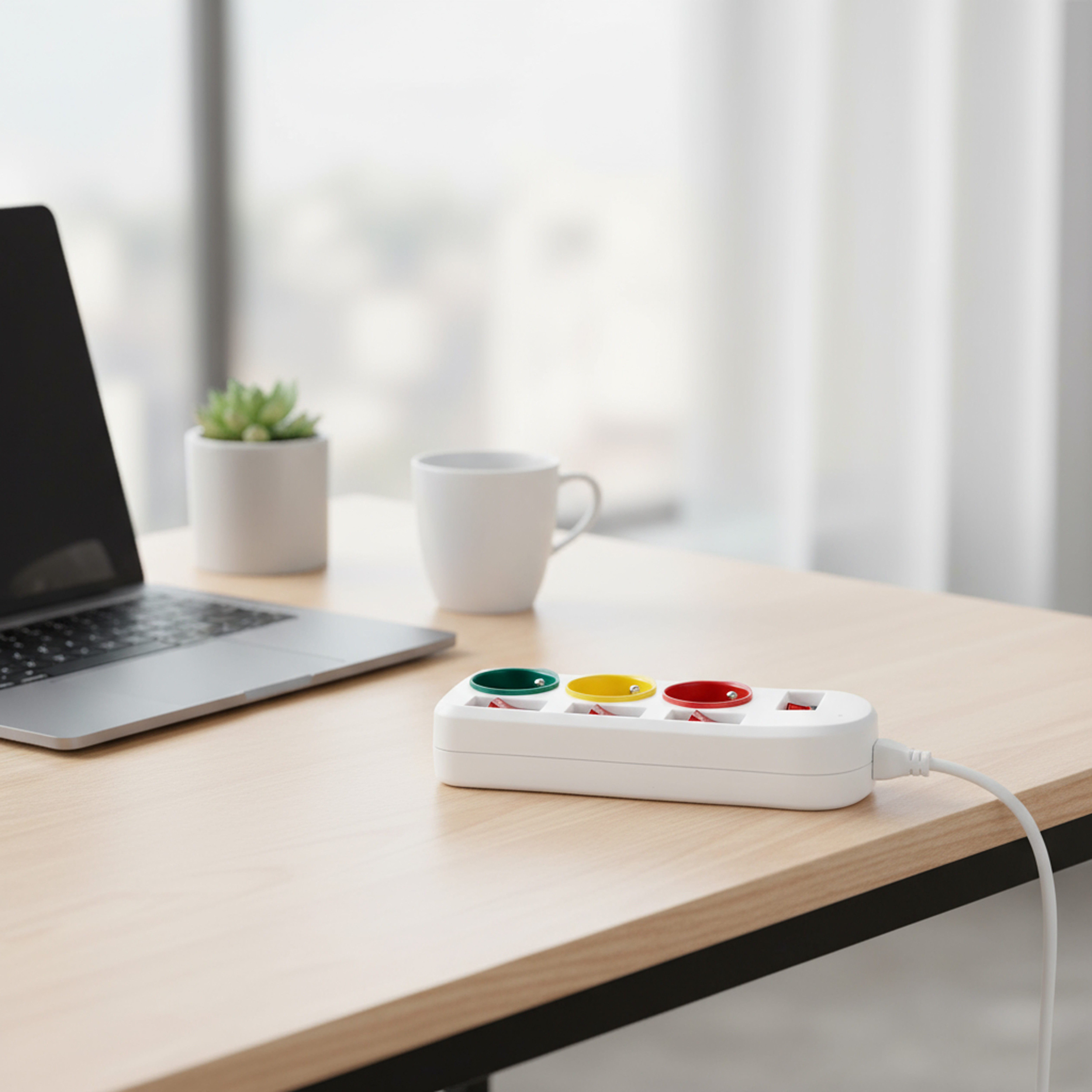 Biurko z laptopem, listwa zasilająca z kolorowymi gniazdami, kubkiem i rośliną. Białe tło.