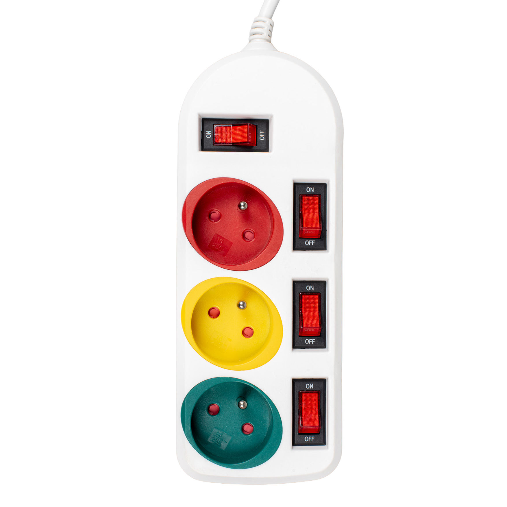 Biały przedłużacz z czterema gniazdami w kolorze czerwonym, żółtym i zielonym. Ma czerwone włączniki/wyłączniki. Dołączony jest biały kabel.