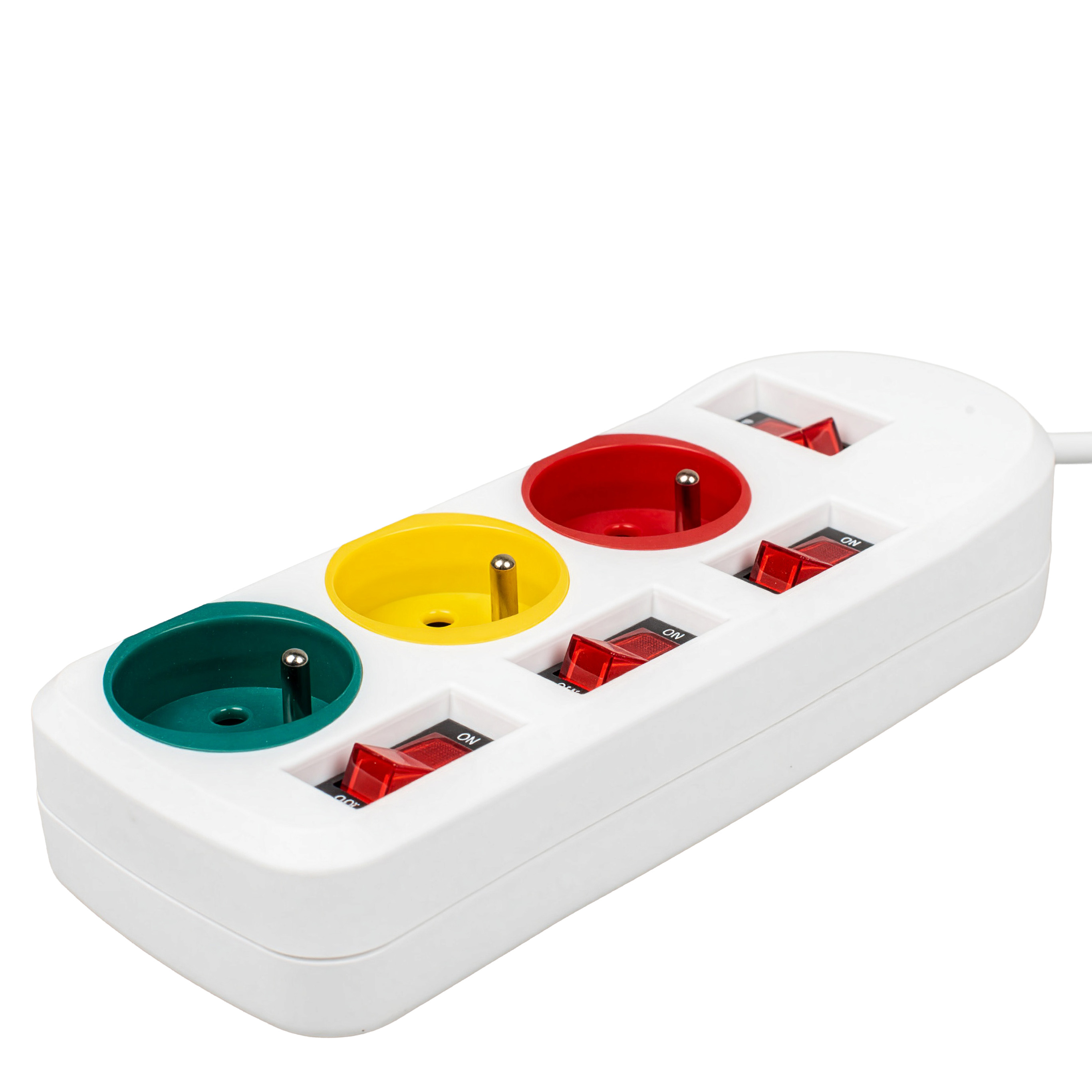 Biała listwa zasilająca z czterema gniazdami w różnych kolorach i czerwonymi przełącznikami.