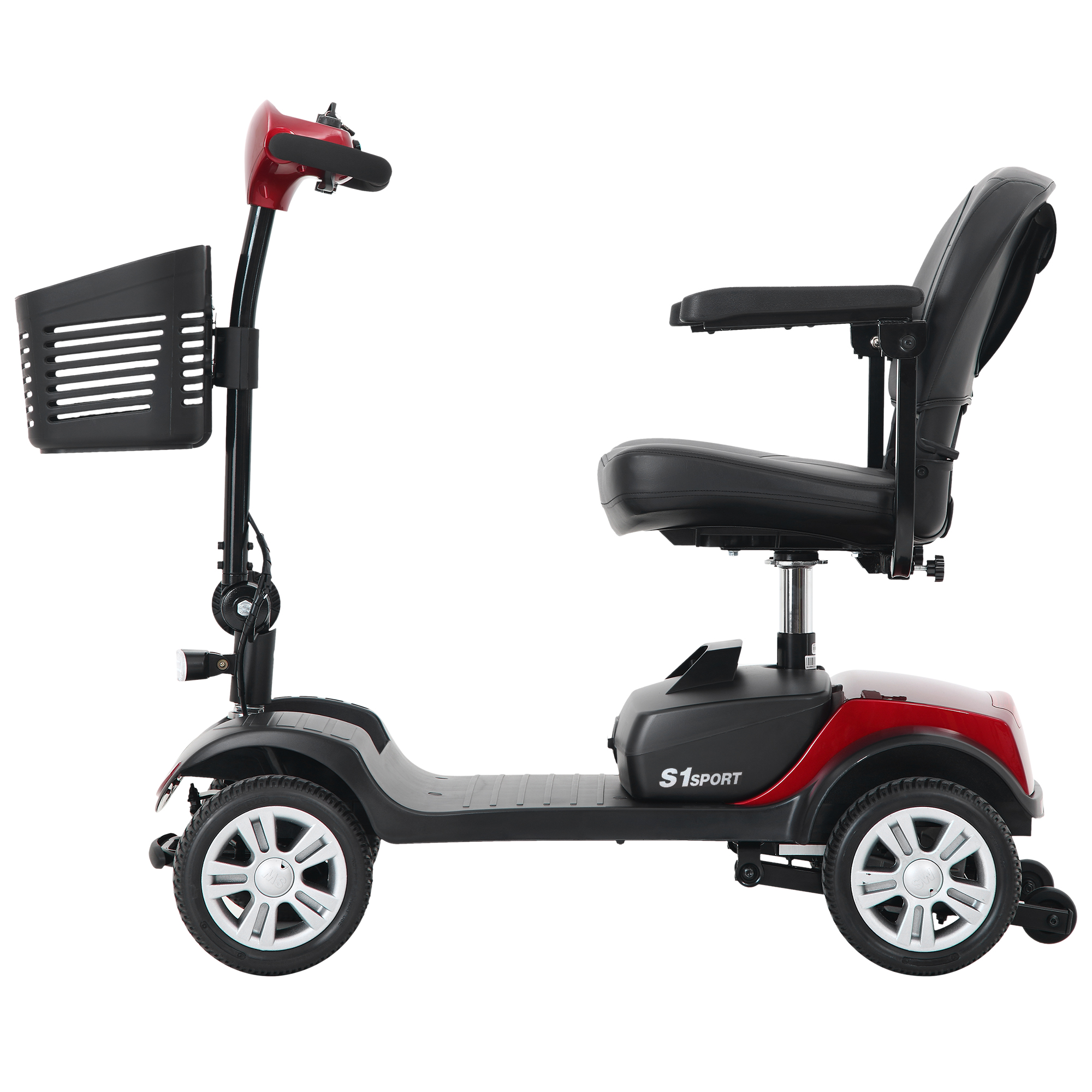Scooter de movilidad, rojo y negro, con asiento, cesta y cuatro ruedas, aislado sobre fondo blanco.