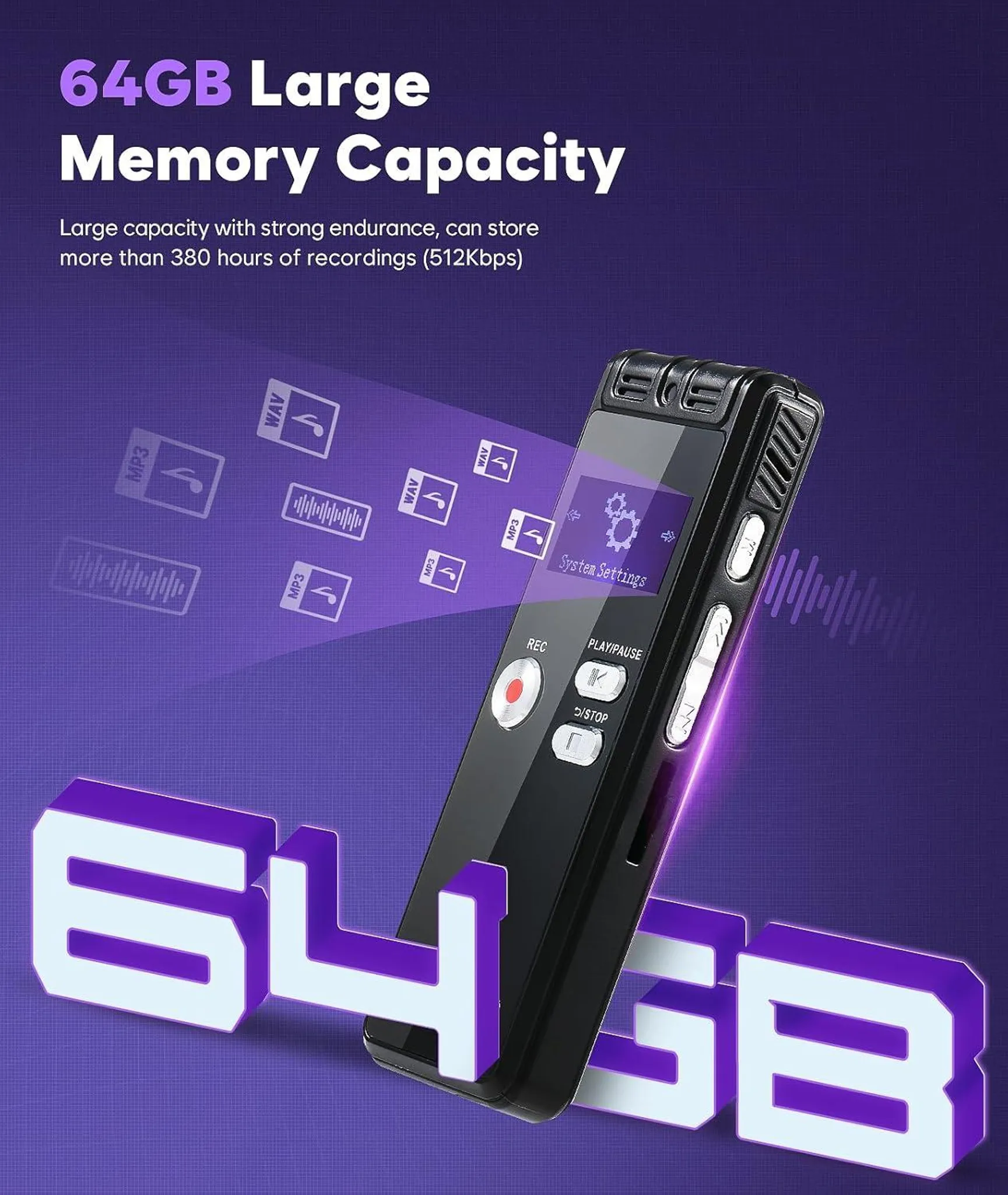 Ein schwarzes Aufnahmegerät mit violettem Hintergrund. Text lautet '64 GB Große Speicherkapazität'. Musiknoten-Symbole erscheinen.