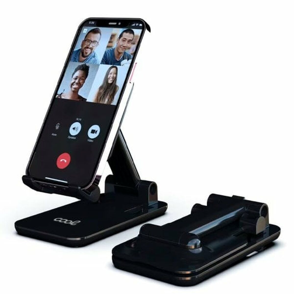 Ein schwarzer Telefonständer hält ein Telefon, das einen Videoanruf anzeigt. Ein zweiter zusammengeklappter Ständer steht daneben. Weißer Hintergrund.
