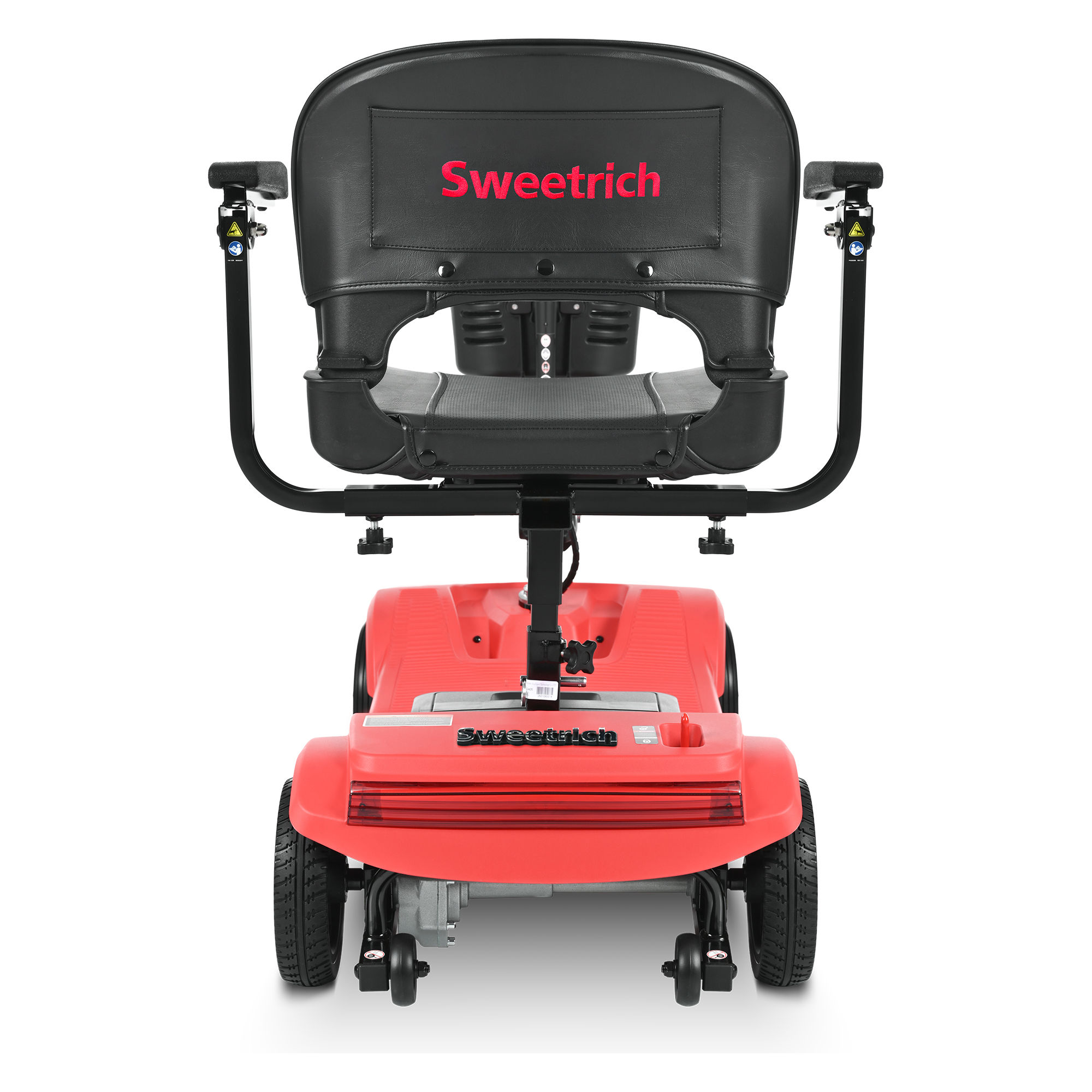 Ein rot-schwarzer Sweetrich-Mobilitätsroller. Er hat einen schwarzen Sitz mit Sweetrich in Rot. Der Hintergrund ist weiß.