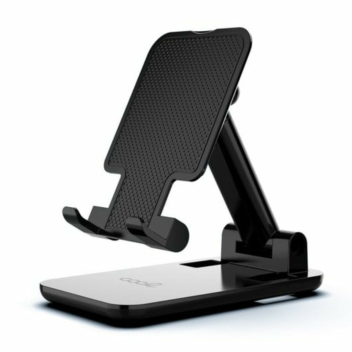 Ein schwarzer Telefonständer auf weißem Hintergrund. Er hat eine Basis, einen Stützarm und einen oberen Teil zum Halten des Telefons.