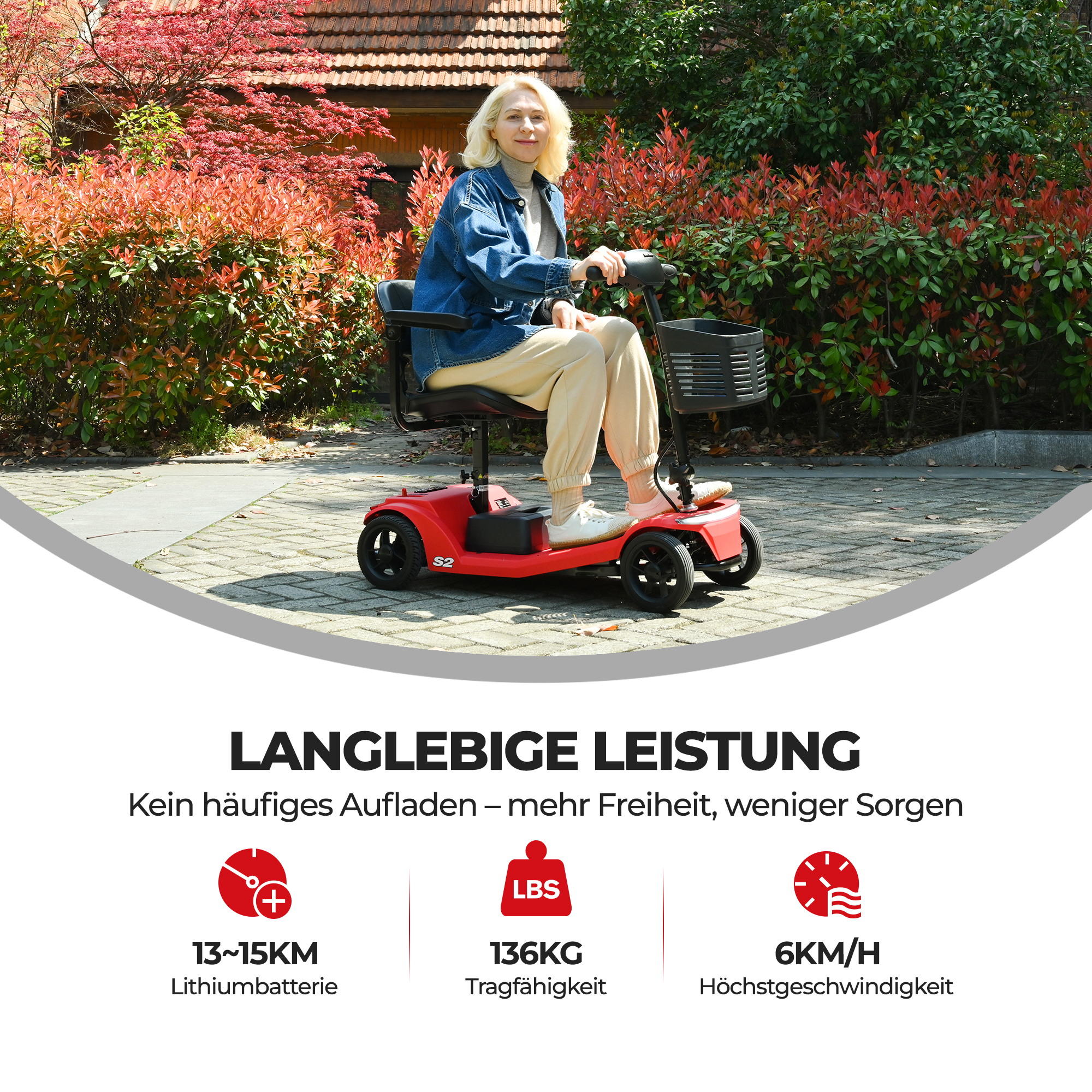 Eine Frau sitzt auf einem roten Mobilitätsroller. Üppiges grünes und rotes Laub bildet den Hintergrund. Texte über Akku und Geschwindigkeit sind unten.
