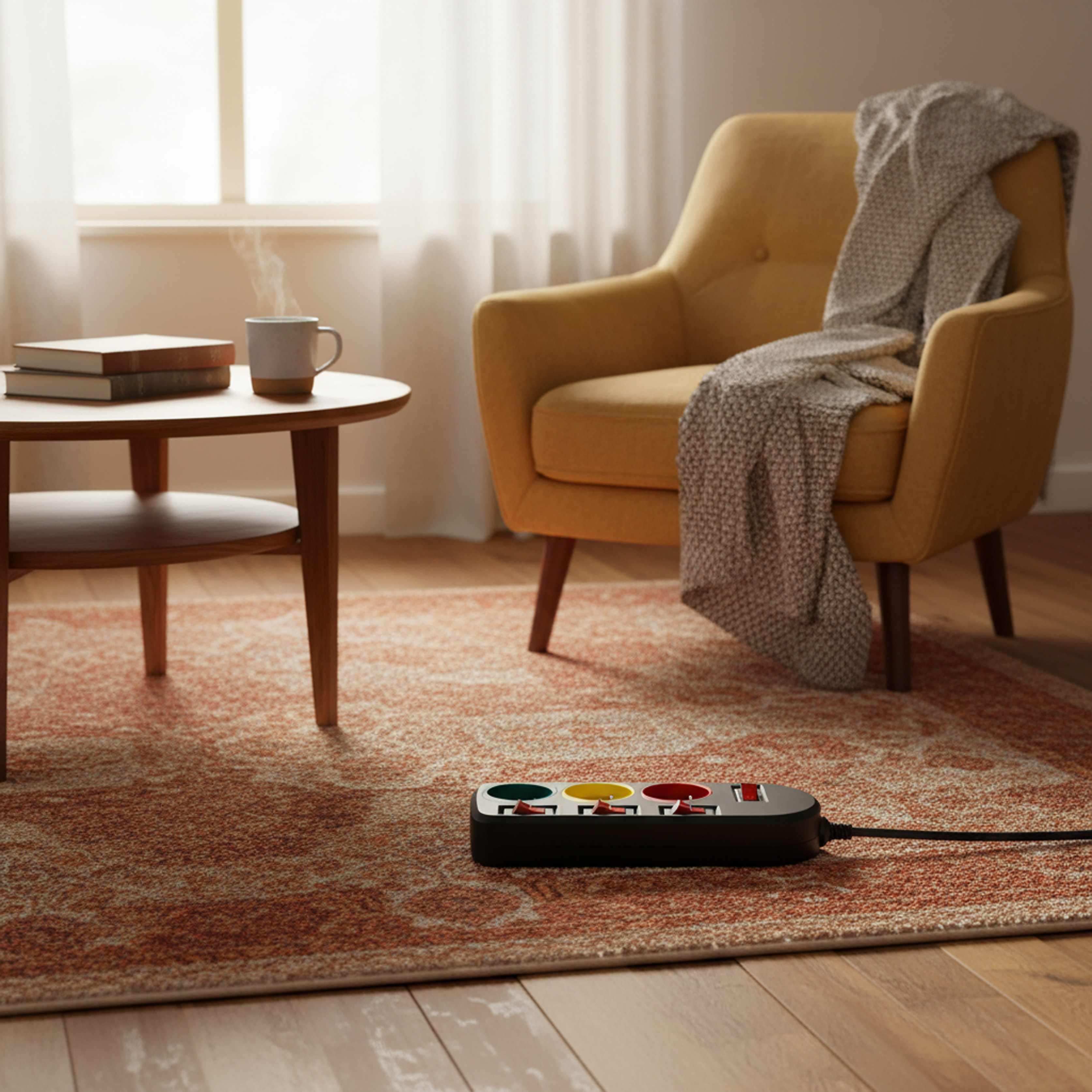 Pokój z żółtym krzesłem, okrągłym stołem z książkami i kubkiem oraz listwą zasilającą na wzorzystym dywanie.