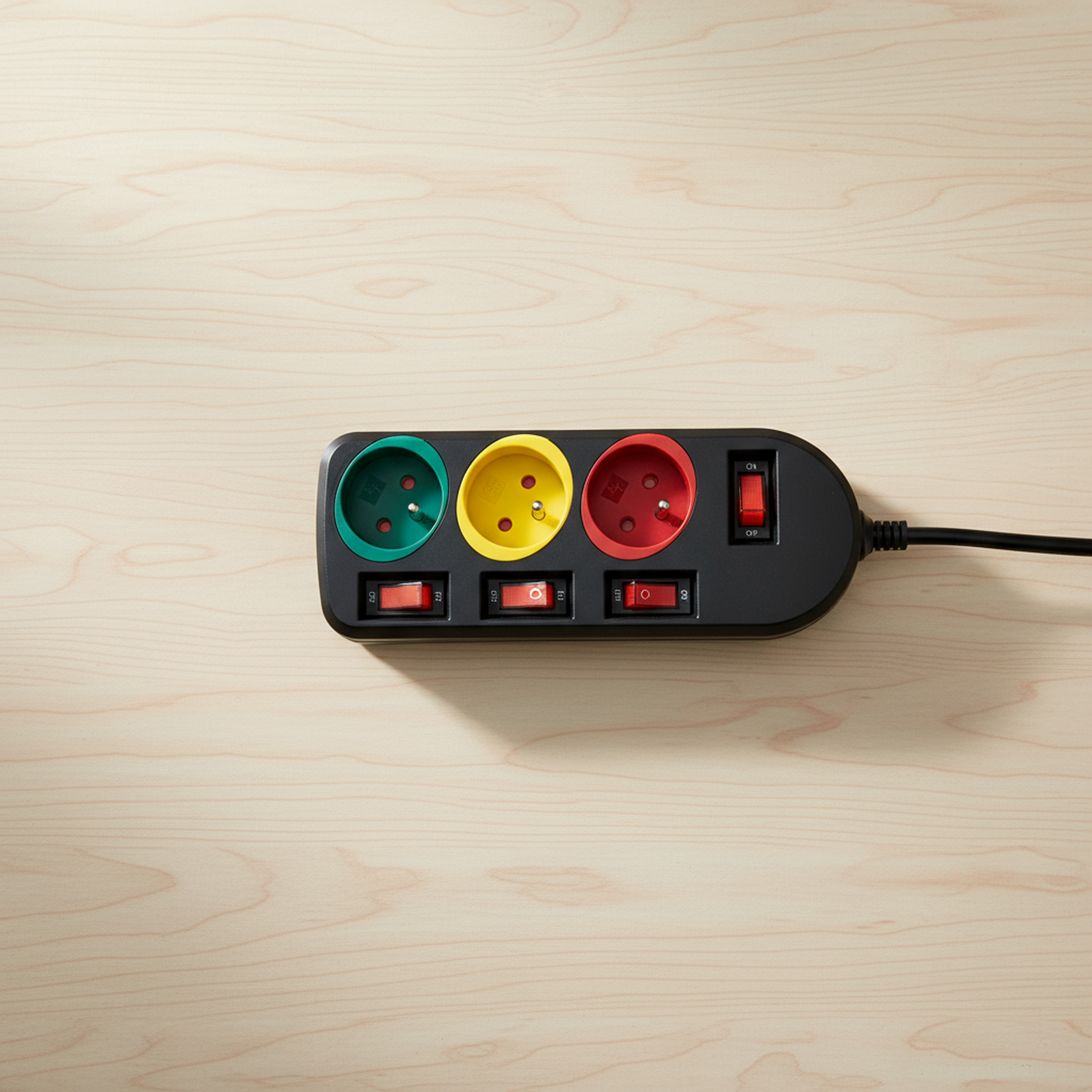 Czarna listwa zasilająca z zielonymi, żółtymi i czerwonymi gniazdami na jasnej drewnianej powierzchni.
