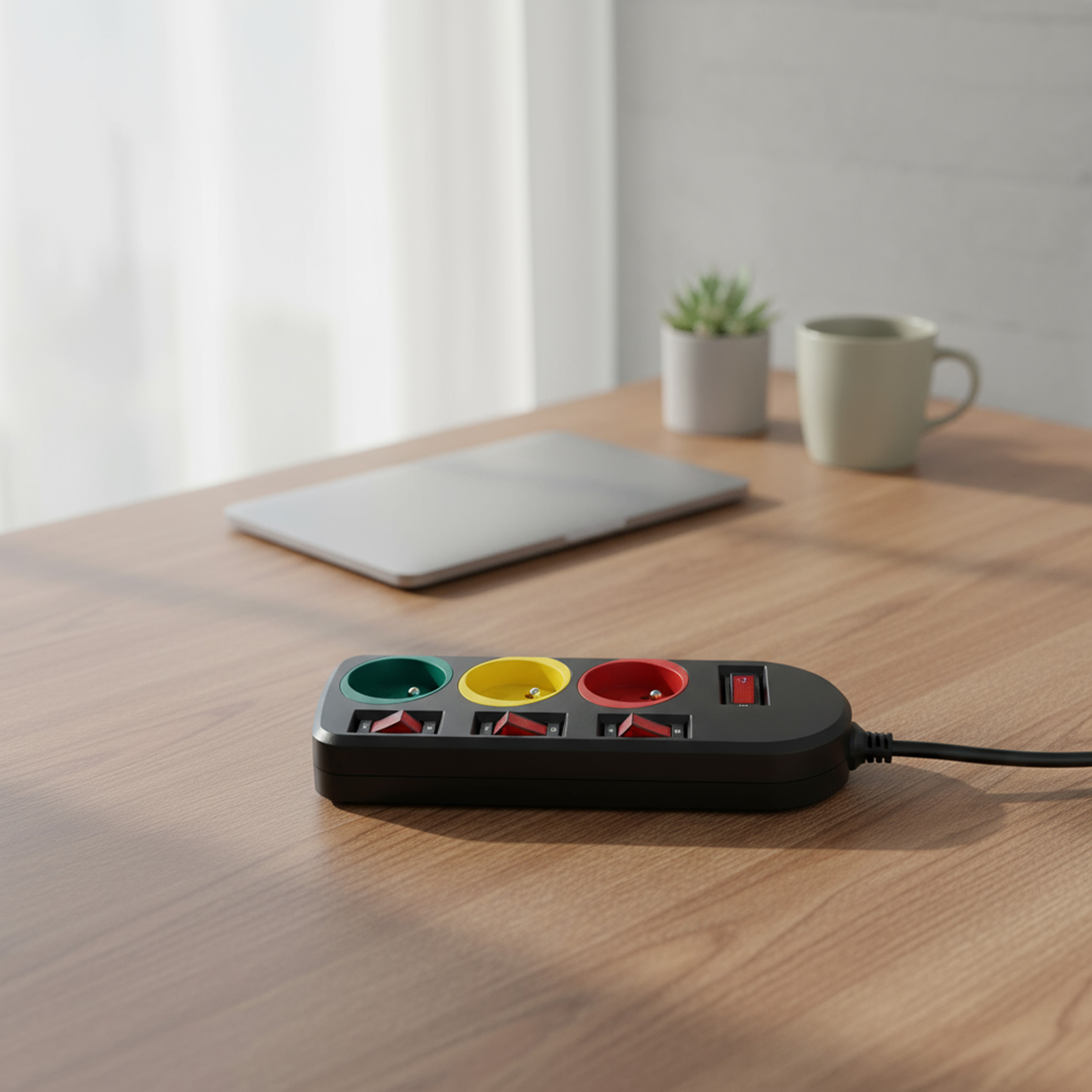 Listwa zasilająca z zielonymi, żółtymi i czerwonymi gniazdami. Laptop, roślina i kubek na drewnianym stole.