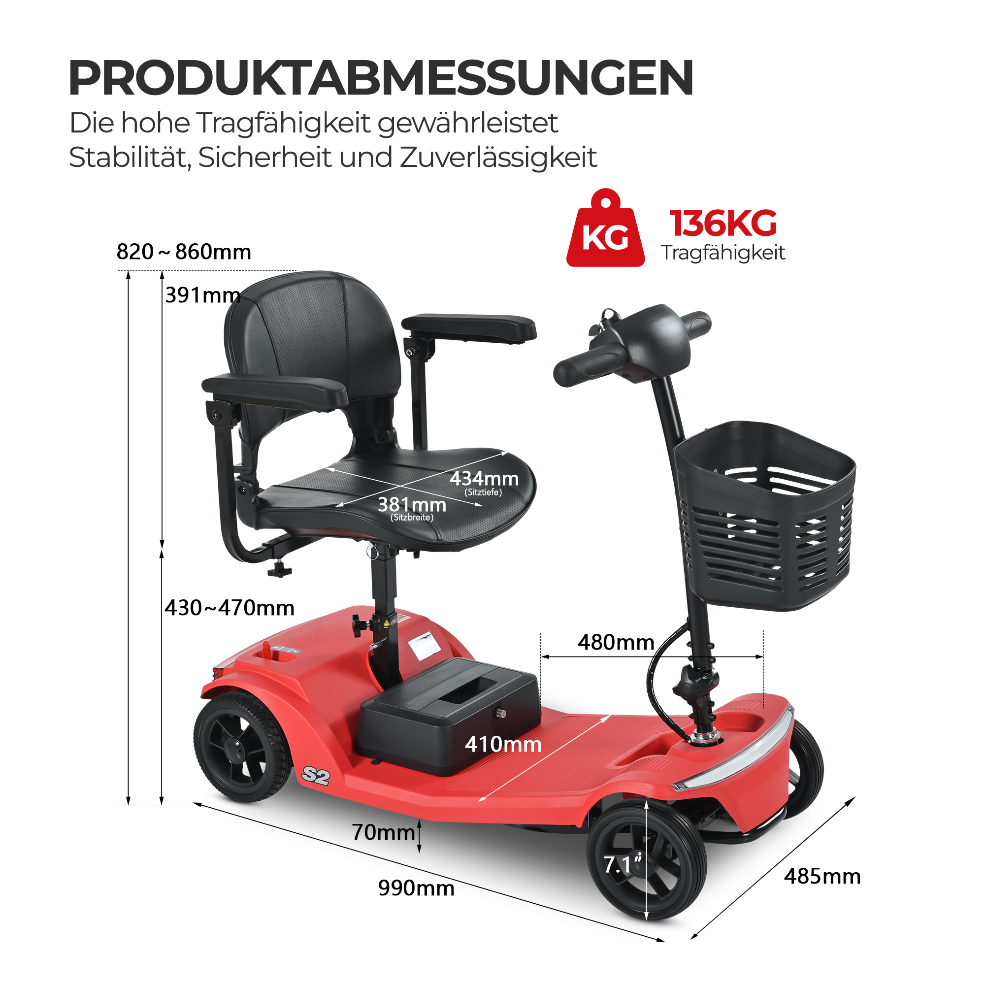 Roter Mobilitätsroller mit schwarzem Sitz, Korb und Maßangaben. Er hat eine Tragfähigkeit von 136 kg.