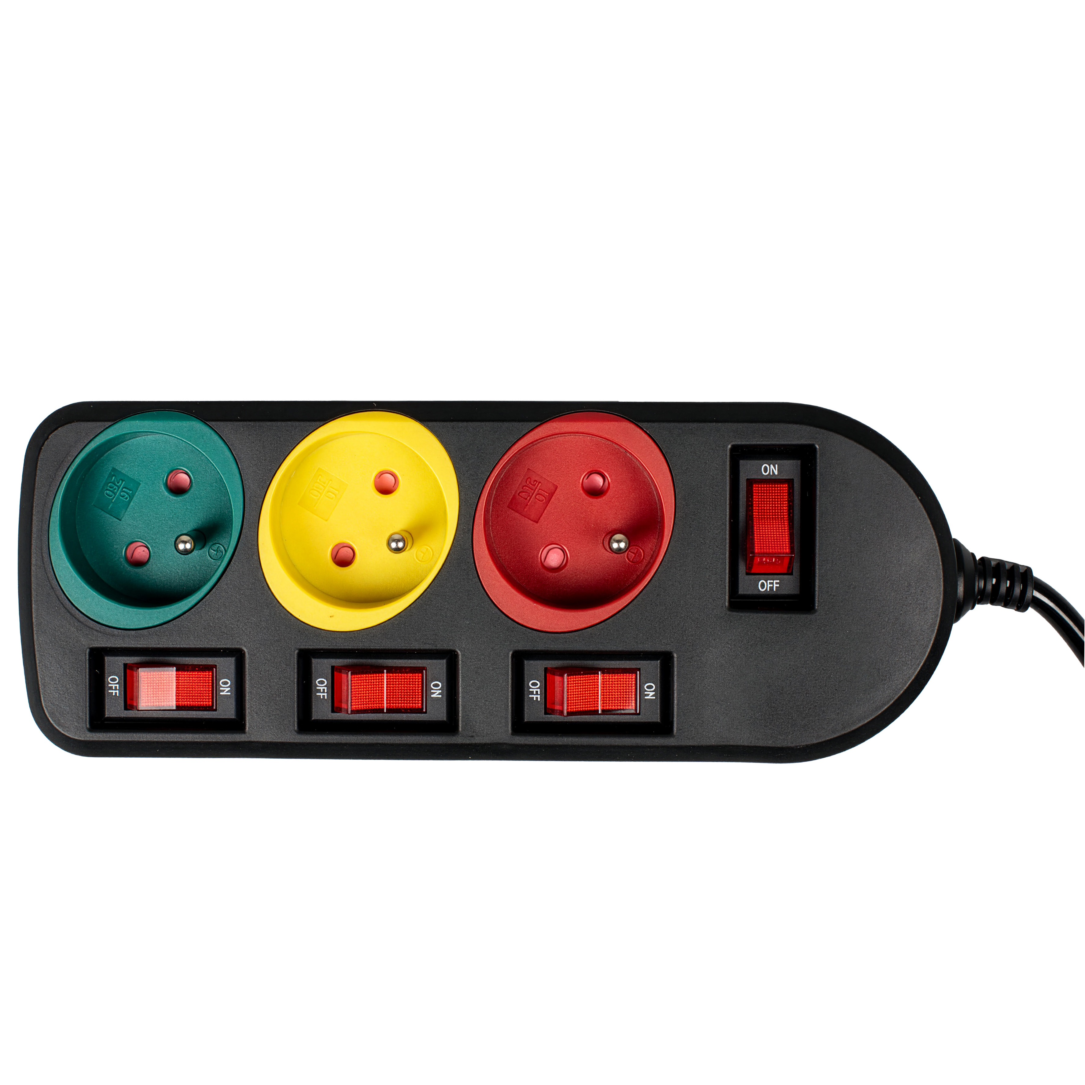 Czarna listwa zasilająca z trzema gniazdami, zielonym, żółtym i czerwonym, oraz trzema odpowiadającymi przełącznikami, każdy z włącznikiem/wyłącznikiem.