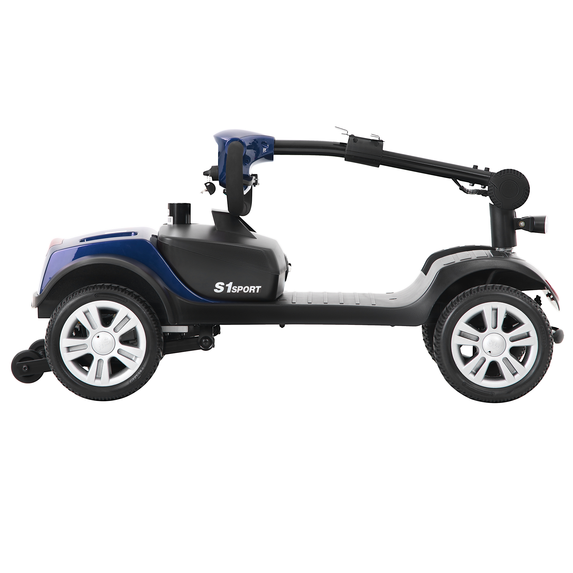 Ein blauer und schwarzer Mobilitätsroller mit weißen Rädern wird von der Seite gezeigt. Er hat einen langen Griff und einen Sitz.