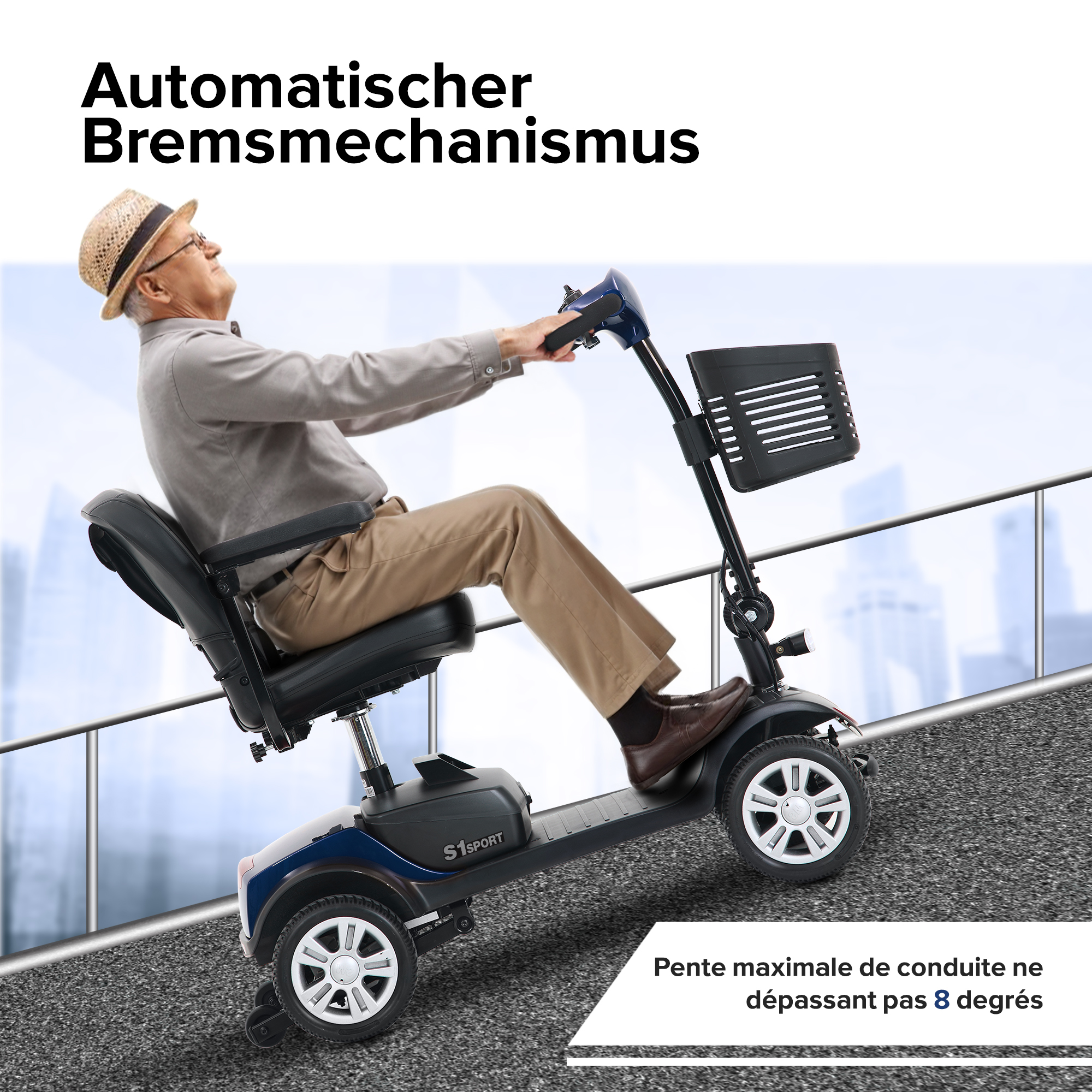 Ein älterer Mann auf einem Mobilitätsroller. Der Roller befindet sich auf einer leichten Steigung. Der Hintergrund zeigt eine Stadt.