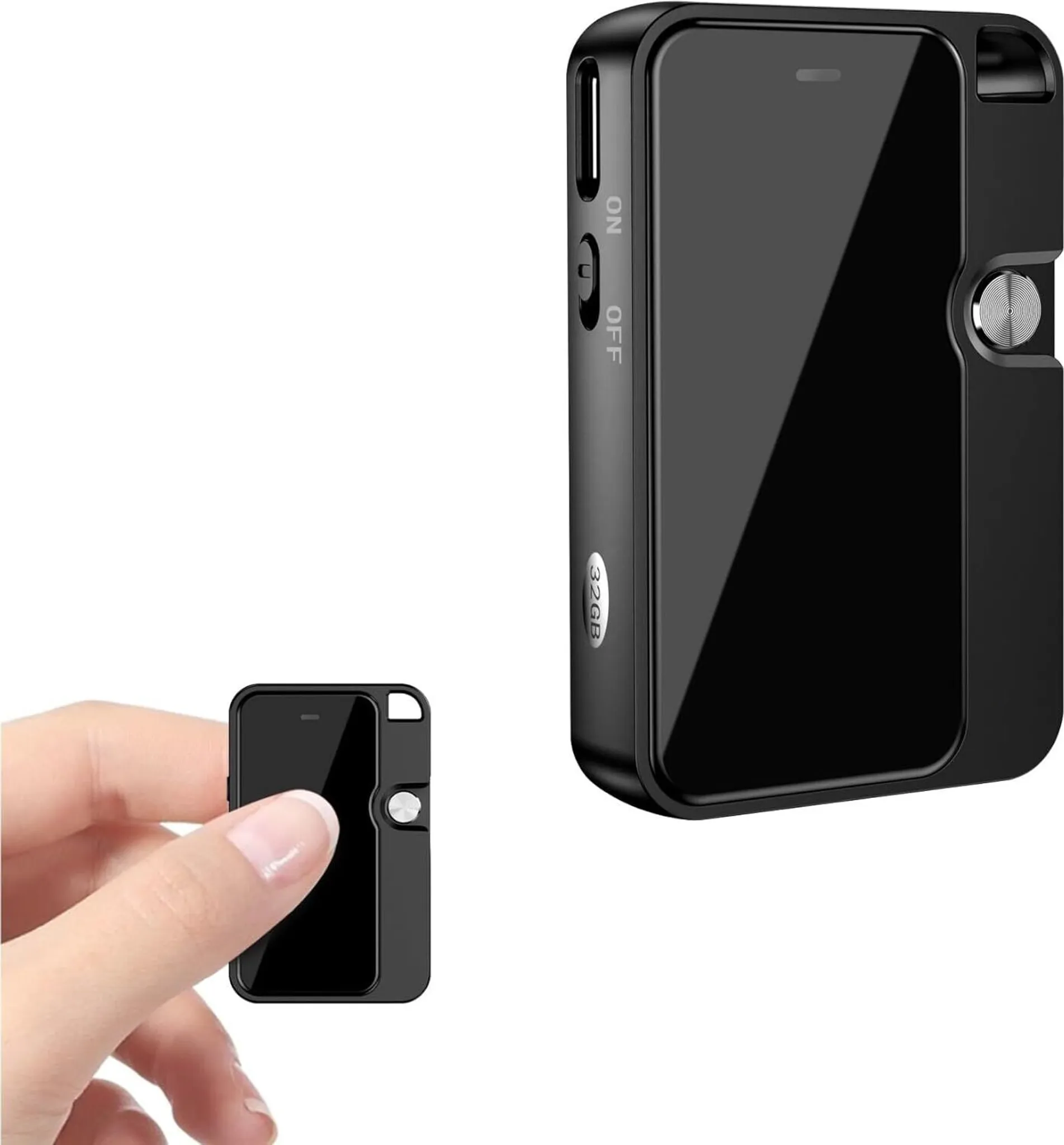 Eine schwarze Minikamera mit einer Hand, die sie hält. Die Kamera hat einen Ein-/Ausschalter und eine Taste.
