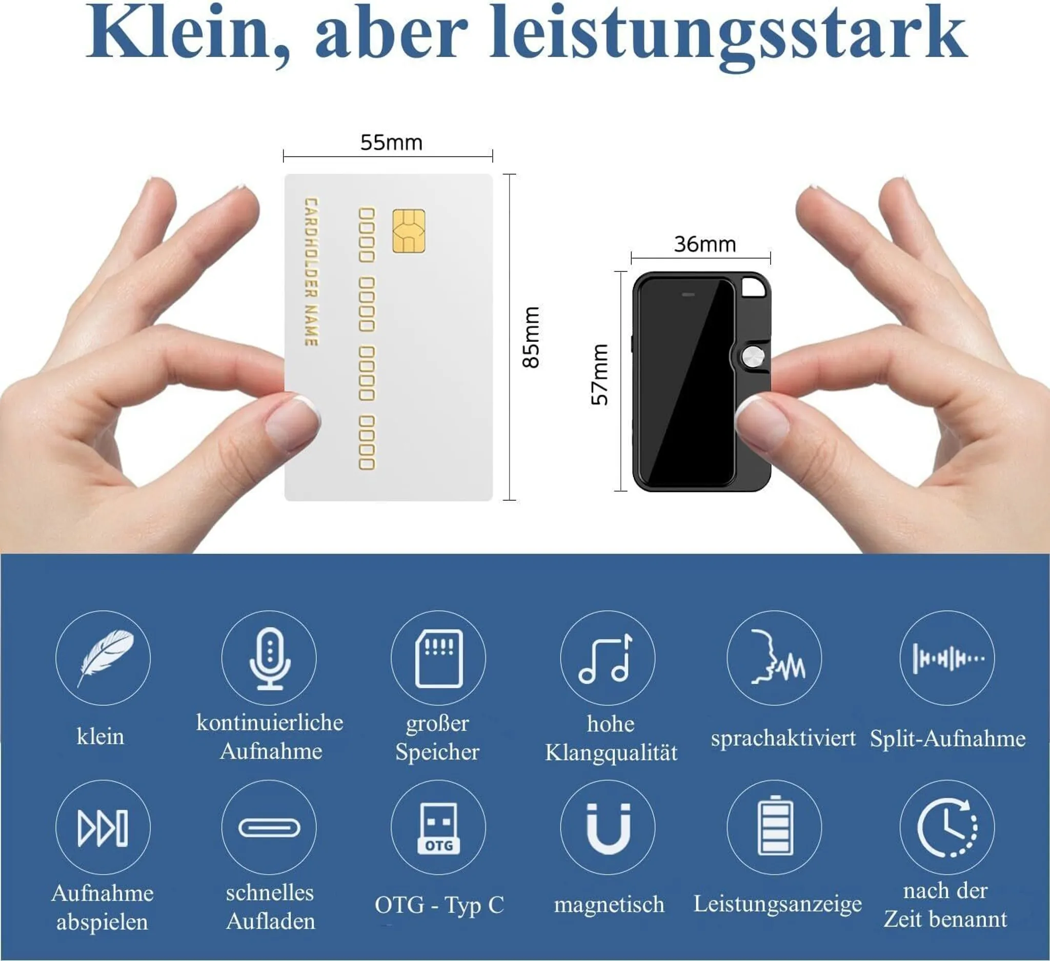 Das Bild zeigt ein schwarzes Gerät neben einer weißen Karte, die beide von Händen gehalten werden. Text beschreibt Funktionen wie Speicher und Sprachaktivierung.