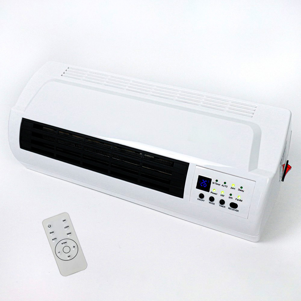Calentador eléctrico blanco con mando. Pantalla digital muestra 26. Con botones e interruptor. Mando en la parte inferior izquierda.
