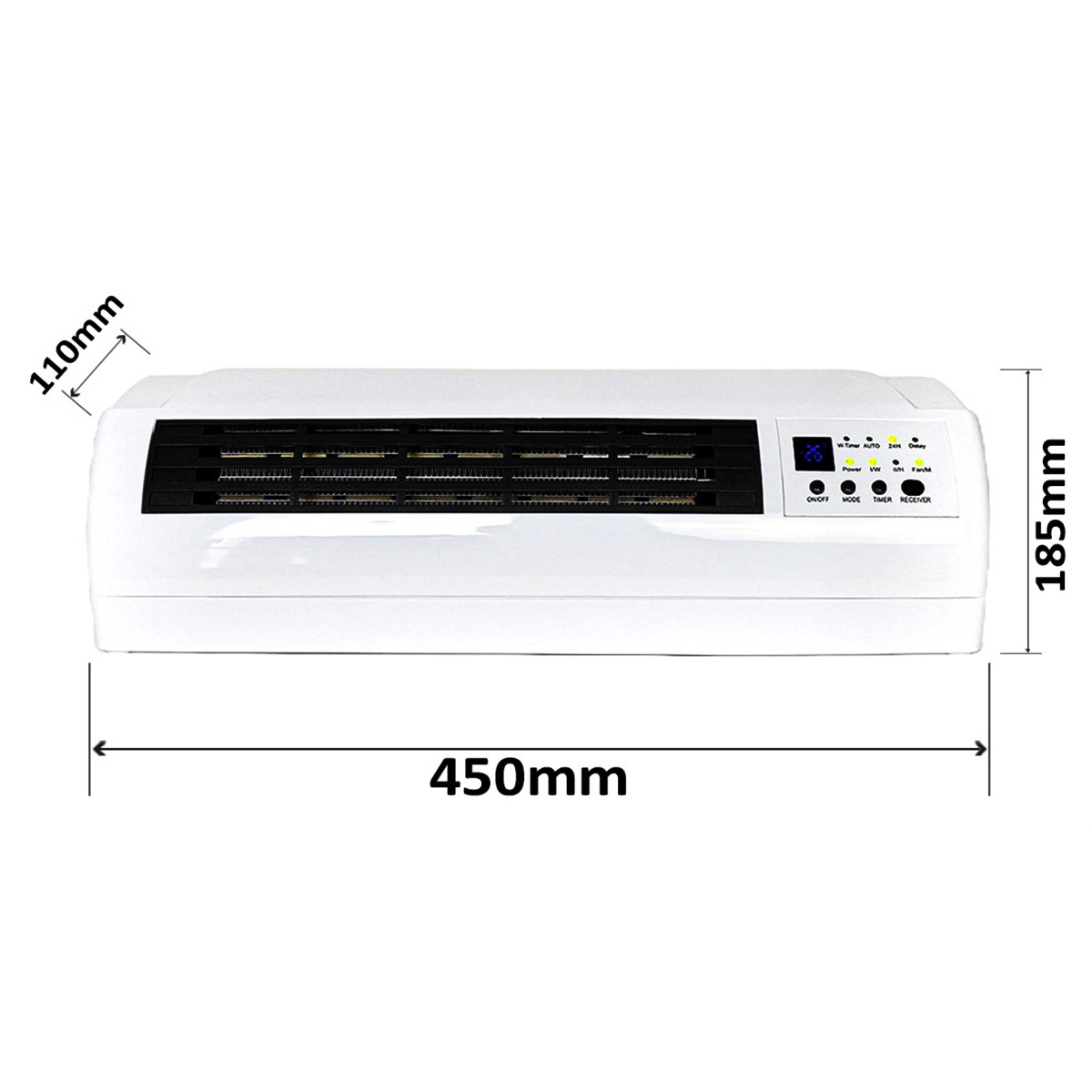 Calentador eléctrico blanco con rejilla negra. Dimensiones: 450 mm ancho, 185 mm alto, 110 mm profundidad. Panel de control.