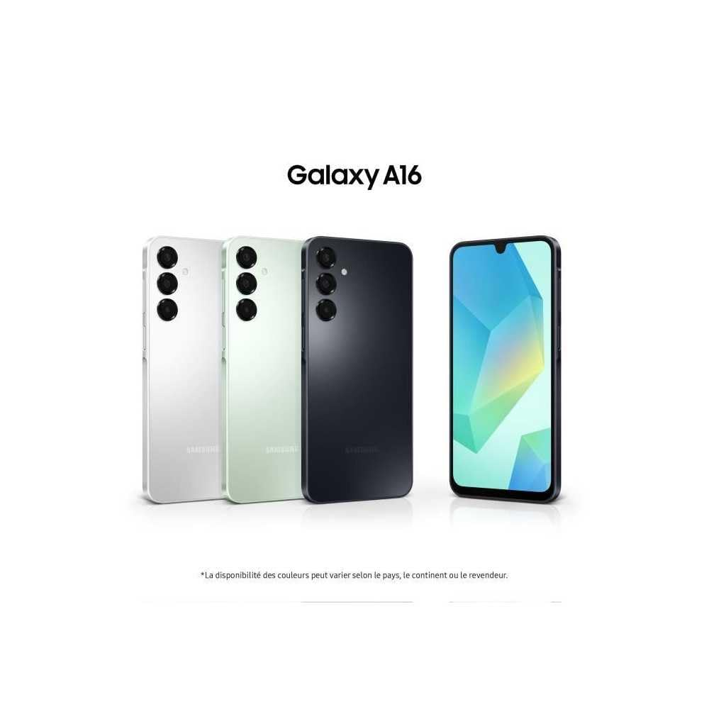 La imagen muestra cuatro teléfonos Samsung Galaxy A16 en diferentes colores: plateado, verde claro, negro y un teléfono con pantalla. Fondo blanco.