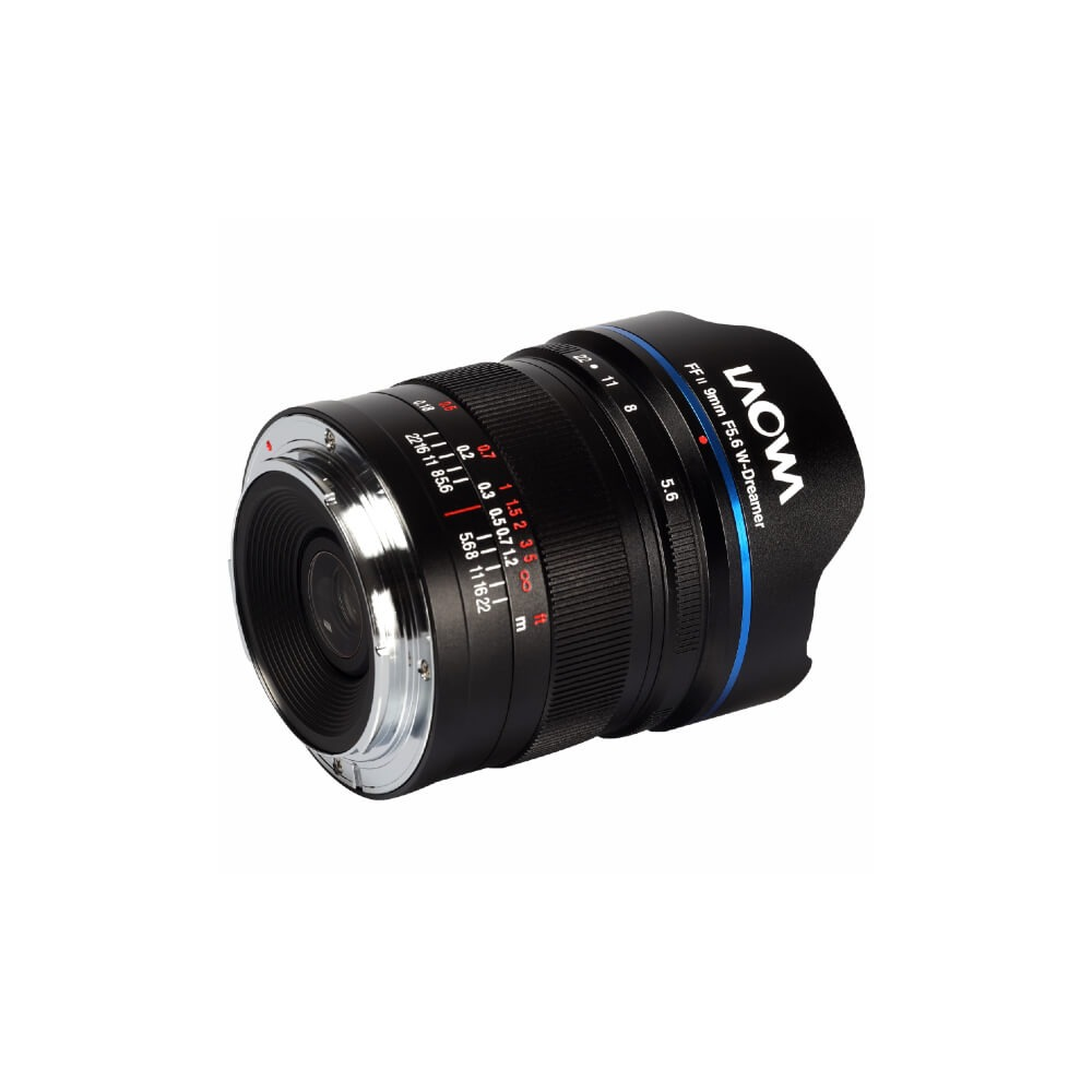 A black camera lens, labeled 'LAOWA', with blue accents, sits on a white background. It displays distance markings and aperture settings.