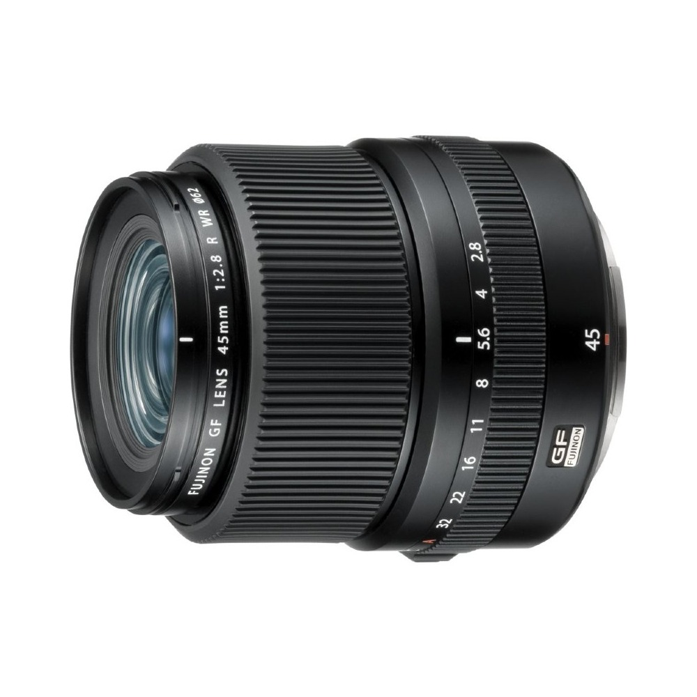 Black Fujinon GF lens, 45mm, f/2.8, with focus and aperture rings. Includes markings for aperture and focal distance.