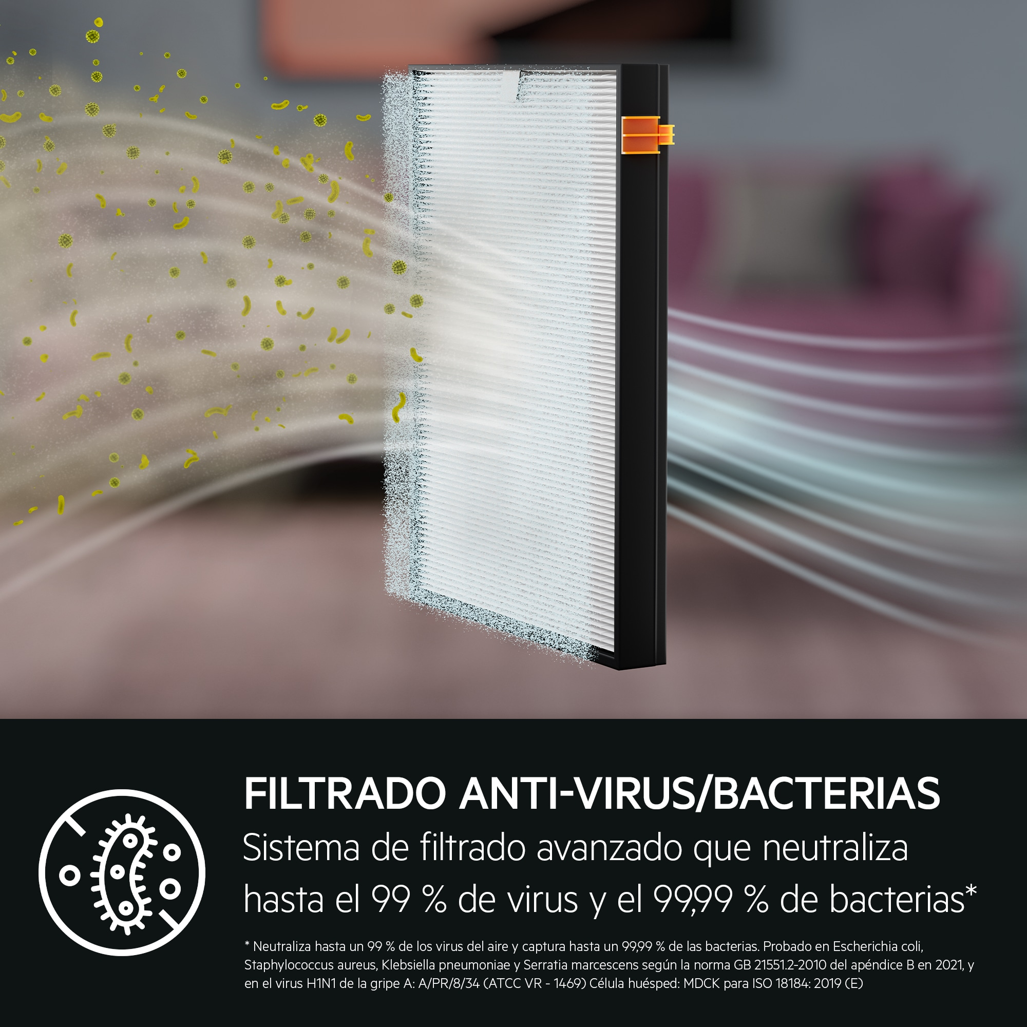 Luftfilter mit Partikeln. Schwarzer Rahmen, weißer Filter und orangefarbener Clip. Text: Anti-Virus/Bakterien-Filterung.